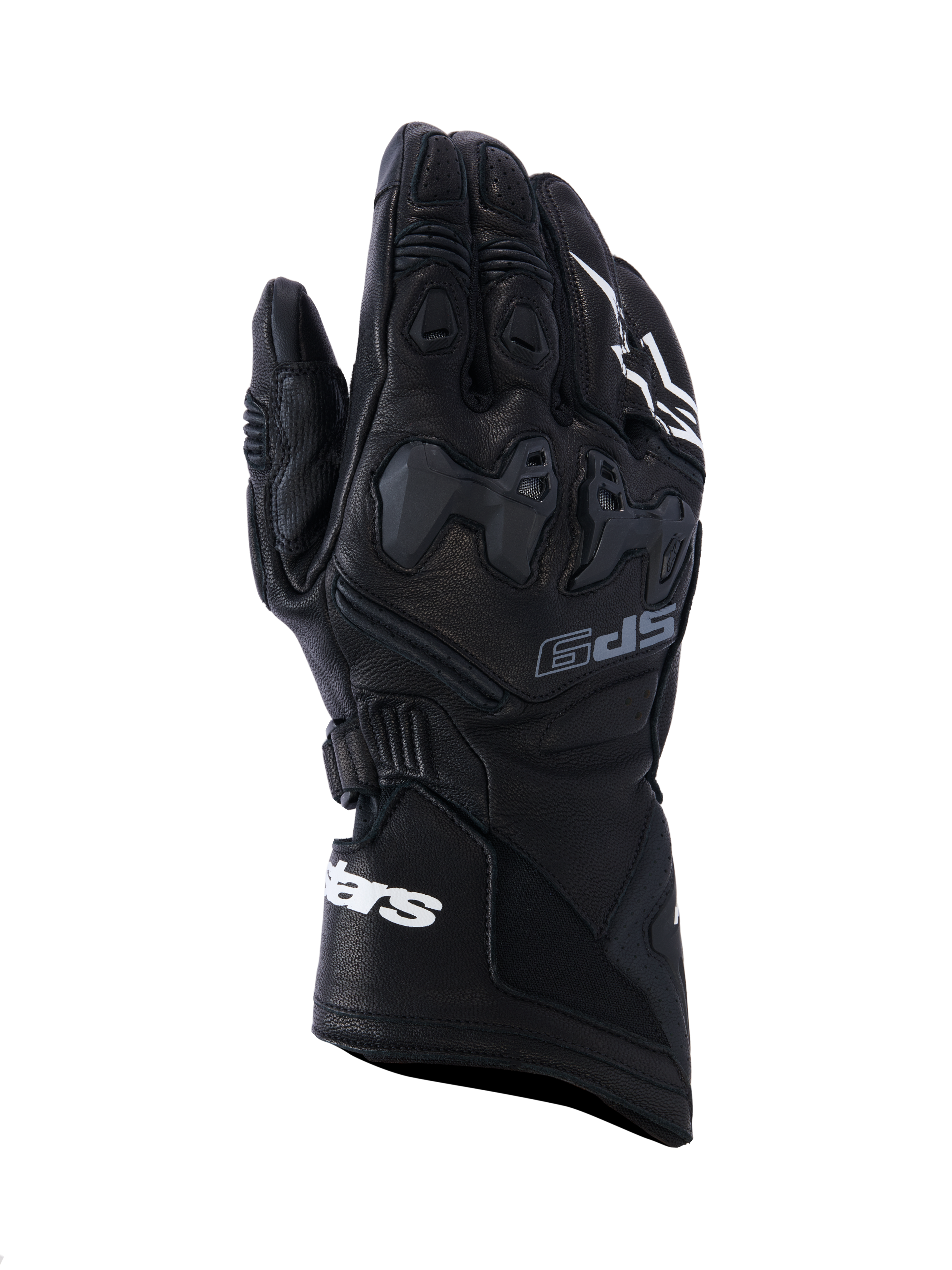 Alpinestars SP-9 Gloves, Black Motorcycle Racing Gloves, full-grain leather with SP-R TPU knuckle protection, long cuff with white Alpinestars branding, perforated details and ergonomic sport design