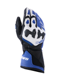 Alpinestars SP-9 handsker, motorcykelhandsker til racing og sport, klar blå, hvid og sort, gedelæderkonstruktion med SP-R opdelt knobeskyttelse, lang manchet med dobbelt lukning, sporty design til bane- og gadebrug