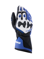 Alpinestars SP-9 handsker, motorcykelhandsker til racing og sport, klar blå, hvid og sort, gedelæderkonstruktion med SP-R opdelt knobeskyttelse, lang manchet med dobbelt lukning, sporty design til bane- og gadebrug