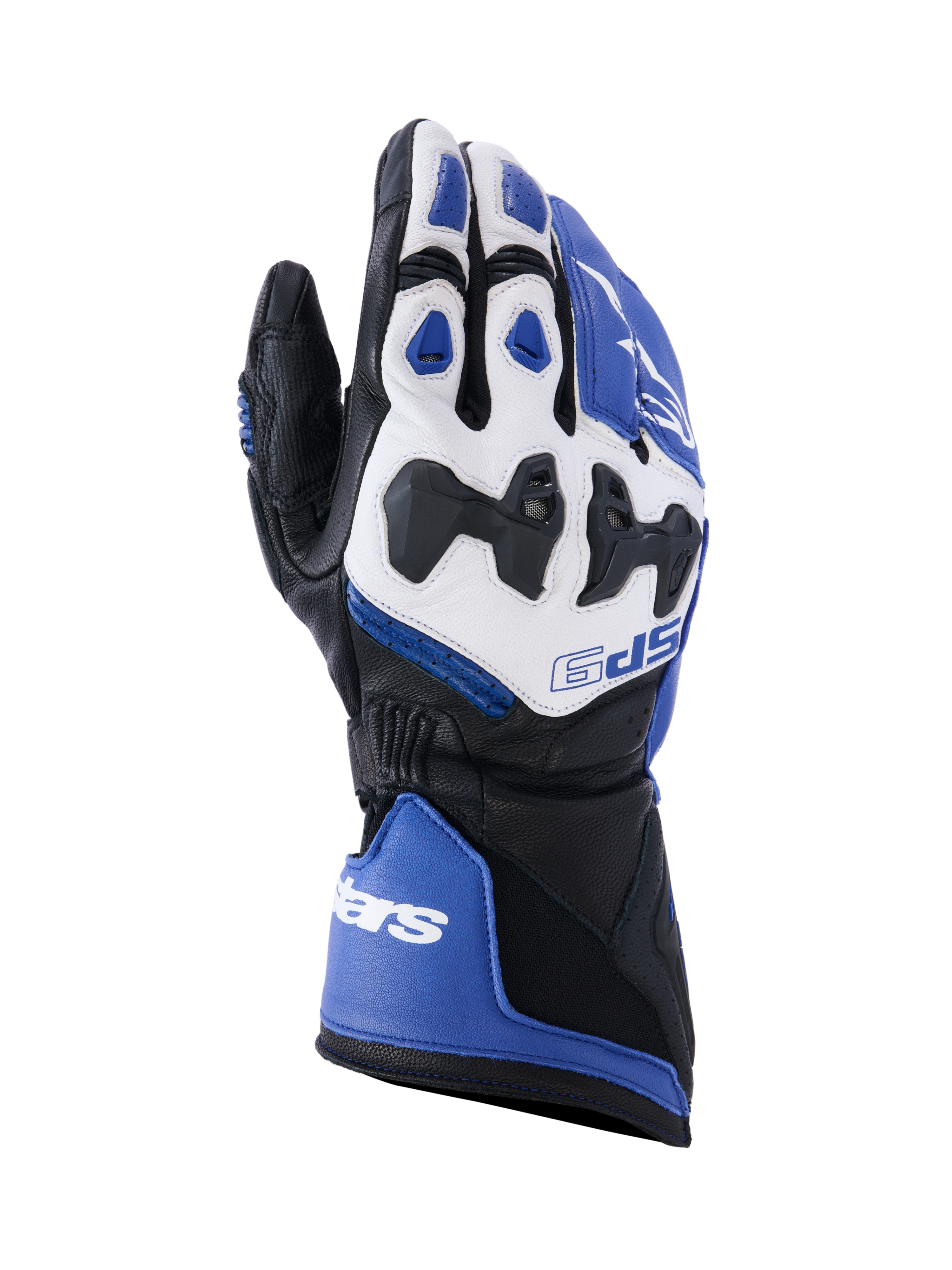 Alpinestars SP-9 Gloves, Motorcycle Racing and Sport Gloves, Bright Blue White and Black, goat leather construction featuring SP-R divided knuckle armor, long cuff with dual closure, sporty design for track and street performance.
