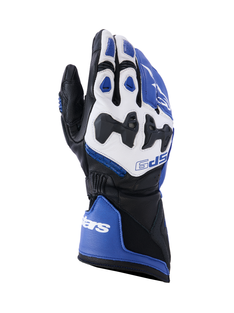 Alpinestars SP-9 handsker, motorcykelhandsker til racing og sport, klar blå, hvid og sort, gedelæderkonstruktion med SP-R opdelt knobeskyttelse, lang manchet med dobbelt lukning, sporty design til bane- og gadebrug