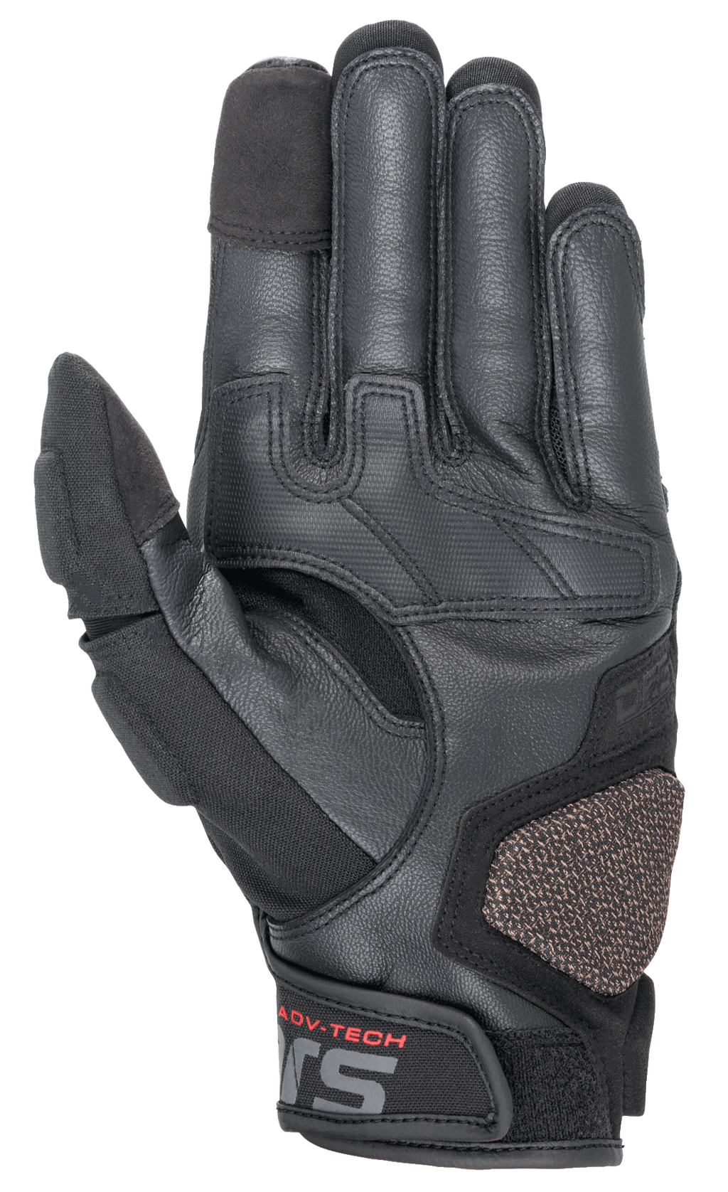 Alpinestars Halo læderhandsker, adventure motorcykelhandsker, sort, set fra håndfladen, der viser læder- og tekstilkonstruktion, forstærket ARshield-landingspude, gummigreb og touchscreen-kompatible fingerspidser
