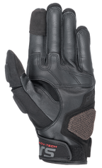 Alpinestars Halo læderhandsker, adventure motorcykelhandsker, sort, set fra håndfladen, der viser læder- og tekstilkonstruktion, forstærket ARshield-landingspude, gummigreb og touchscreen-kompatible fingerspidser