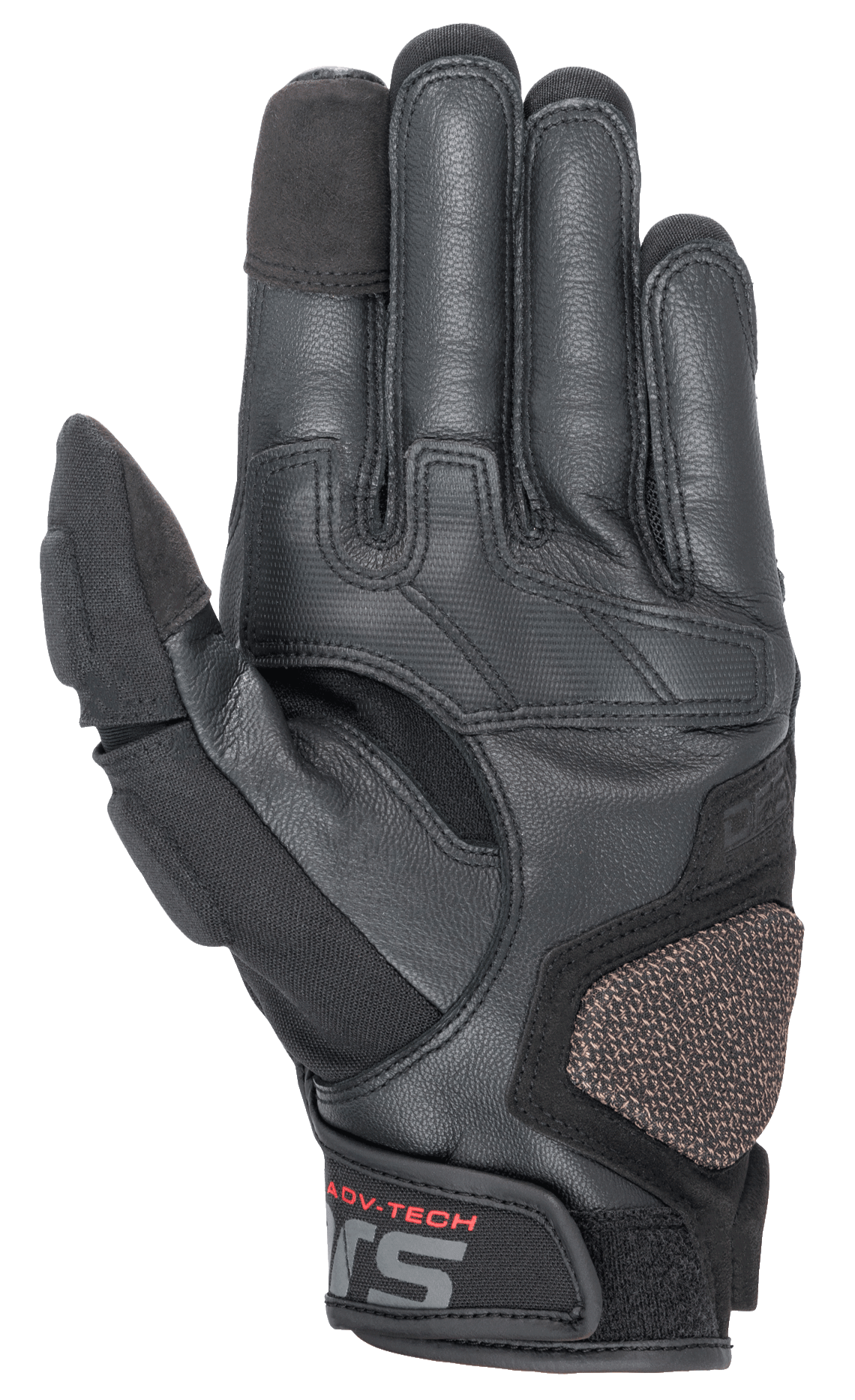 Alpinestars Halo læderhandsker, adventure motorcykelhandsker, sort, set fra håndfladen, der viser læder- og tekstilkonstruktion, forstærket ARshield-landingspude, gummigreb og touchscreen-kompatible fingerspidser