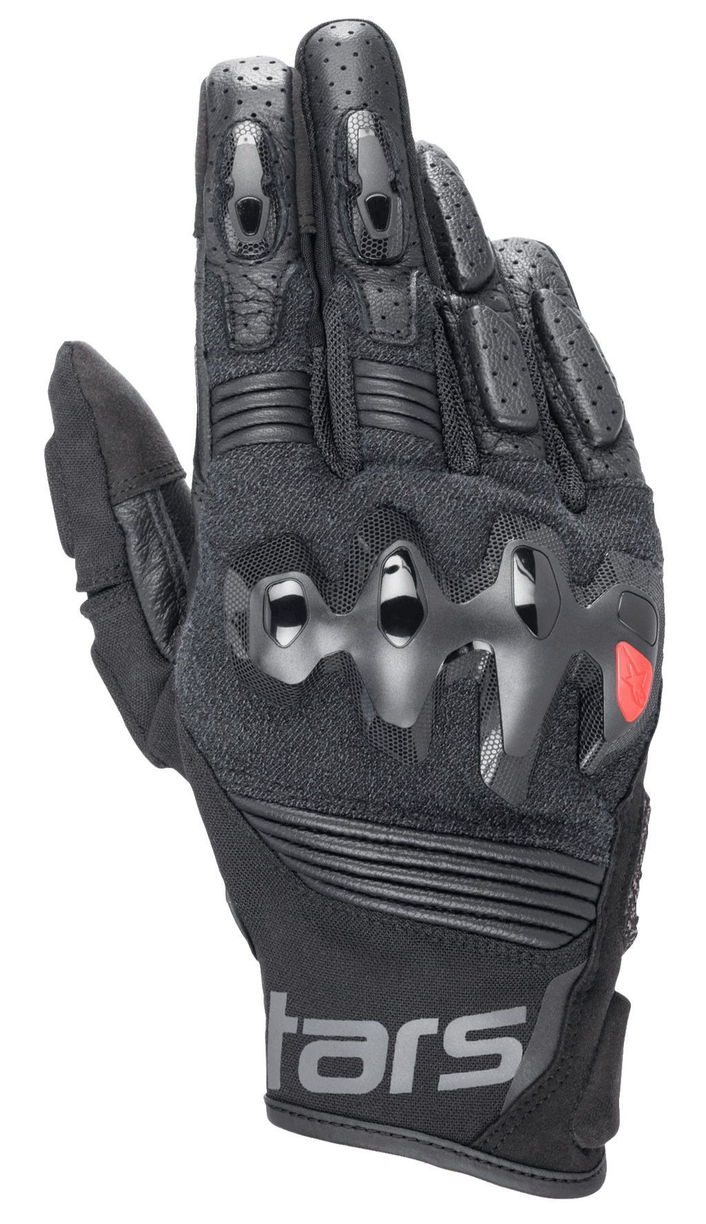 Alpinestars Halo læderhandsker, sorte motorcykelhandsker med hård over-injiceret knobeskytter, perforerede læderfingre, mesh- og læderkonstruktion, rød logodetalje