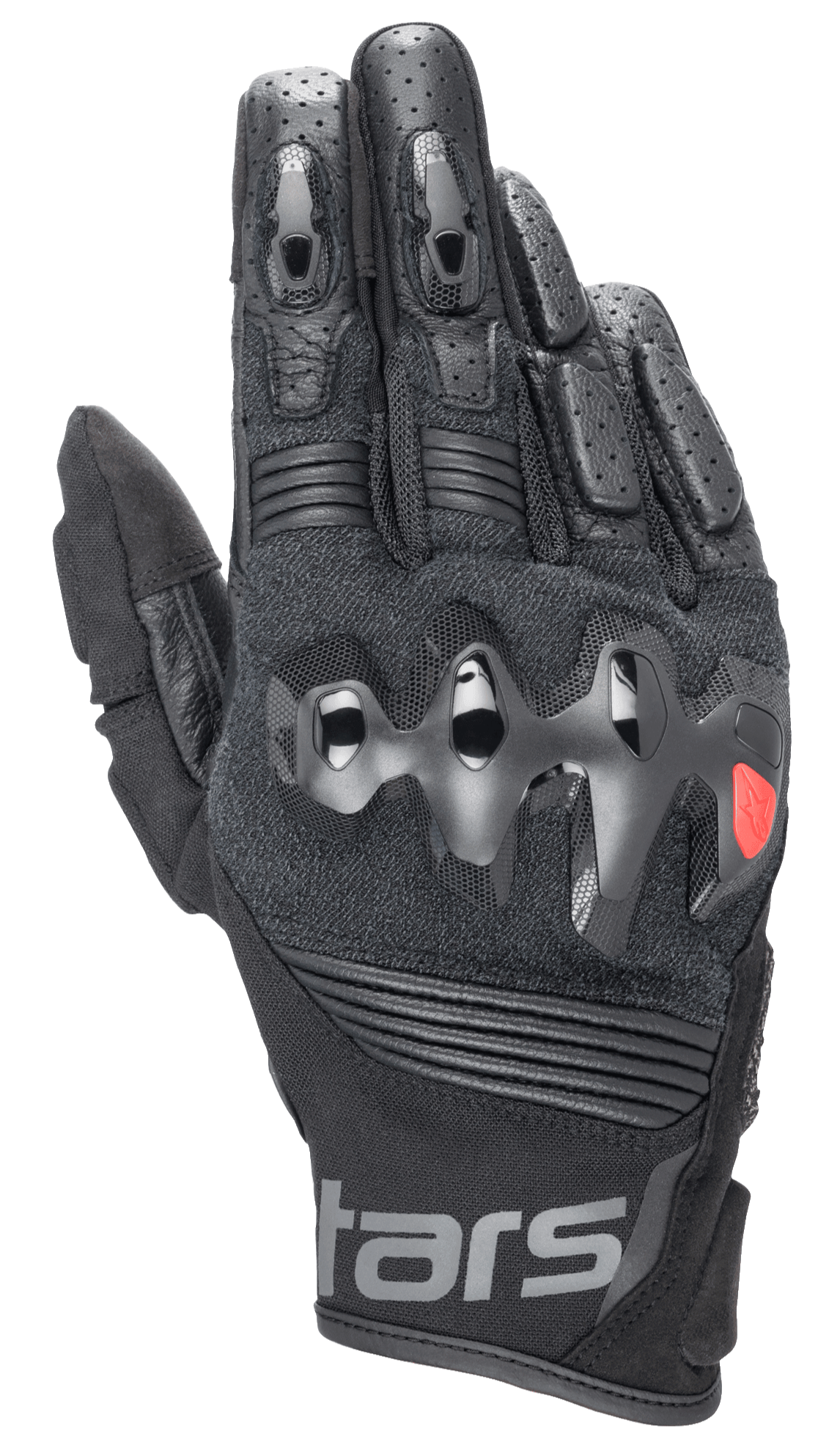 Alpinestars Halo læderhandsker, sorte motorcykelhandsker med hård over-injiceret knobeskytter, perforerede læderfingre, mesh- og læderkonstruktion, rød logodetalje