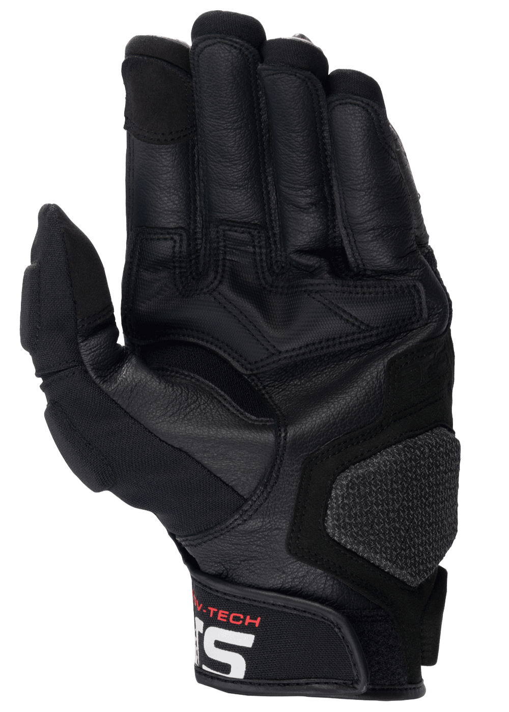 Alpinestars Halo læderhandsker, motorcykelhandsker, sort, set fra håndfladen med forstærket læder og gummigreb, har tekstureret landingspude og kort manchet med hvidt Alpinestars-logo, adventure touring-udstyr