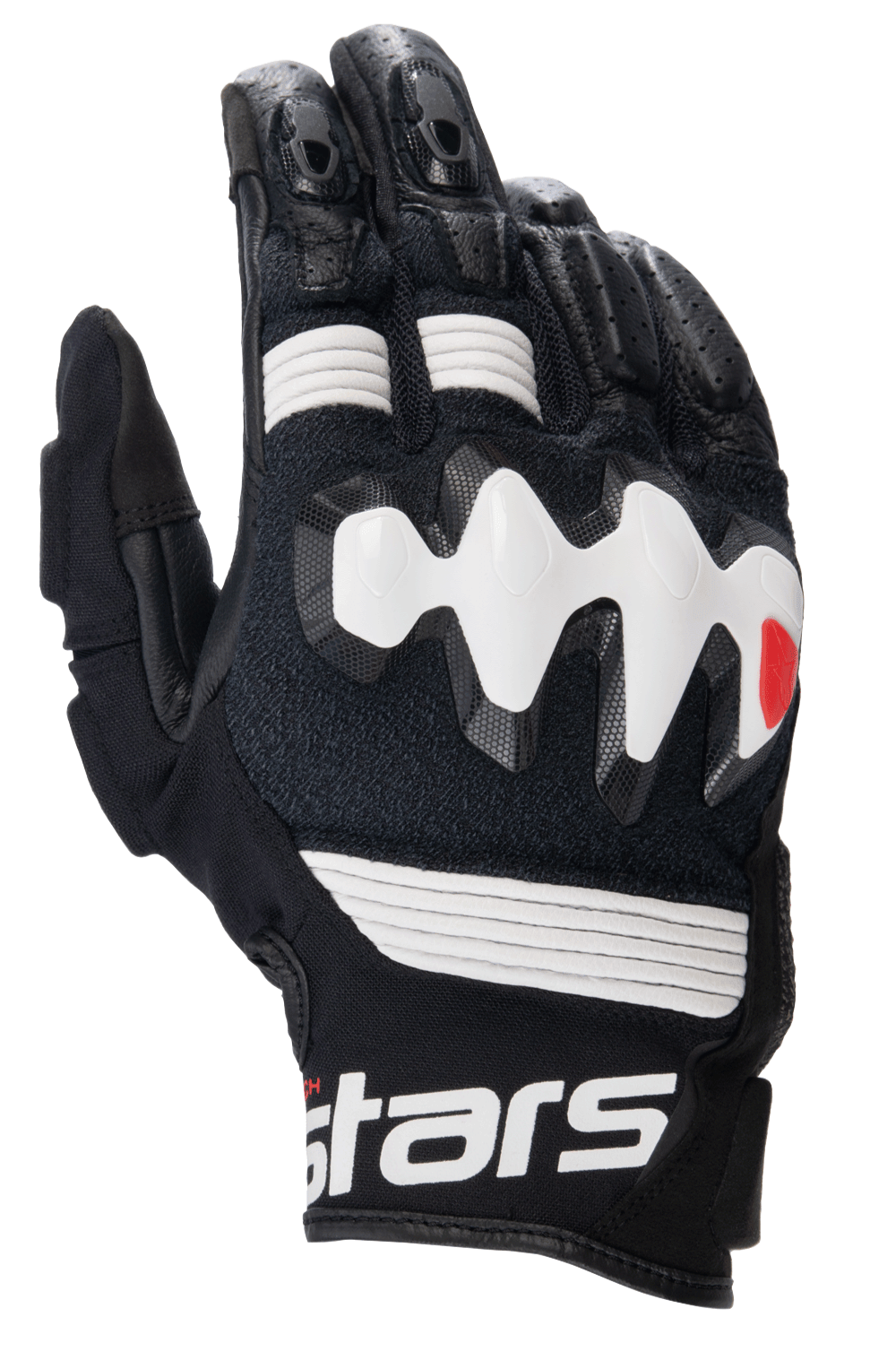 Alpinestars Halo læderhandsker, adventure-motorcykelhandsker, sort og hvid, stor hvid over-injiceret knobeskytter, perforerede læderpaneler for luftgennemstrømning, kort manchet med markant hvid branding