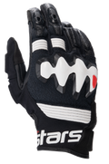 Alpinestars Halo læderhandsker, adventure-motorcykelhandsker, sort og hvid, stor hvid over-injiceret knobeskytter, perforerede læderpaneler for luftgennemstrømning, kort manchet med markant hvid branding
