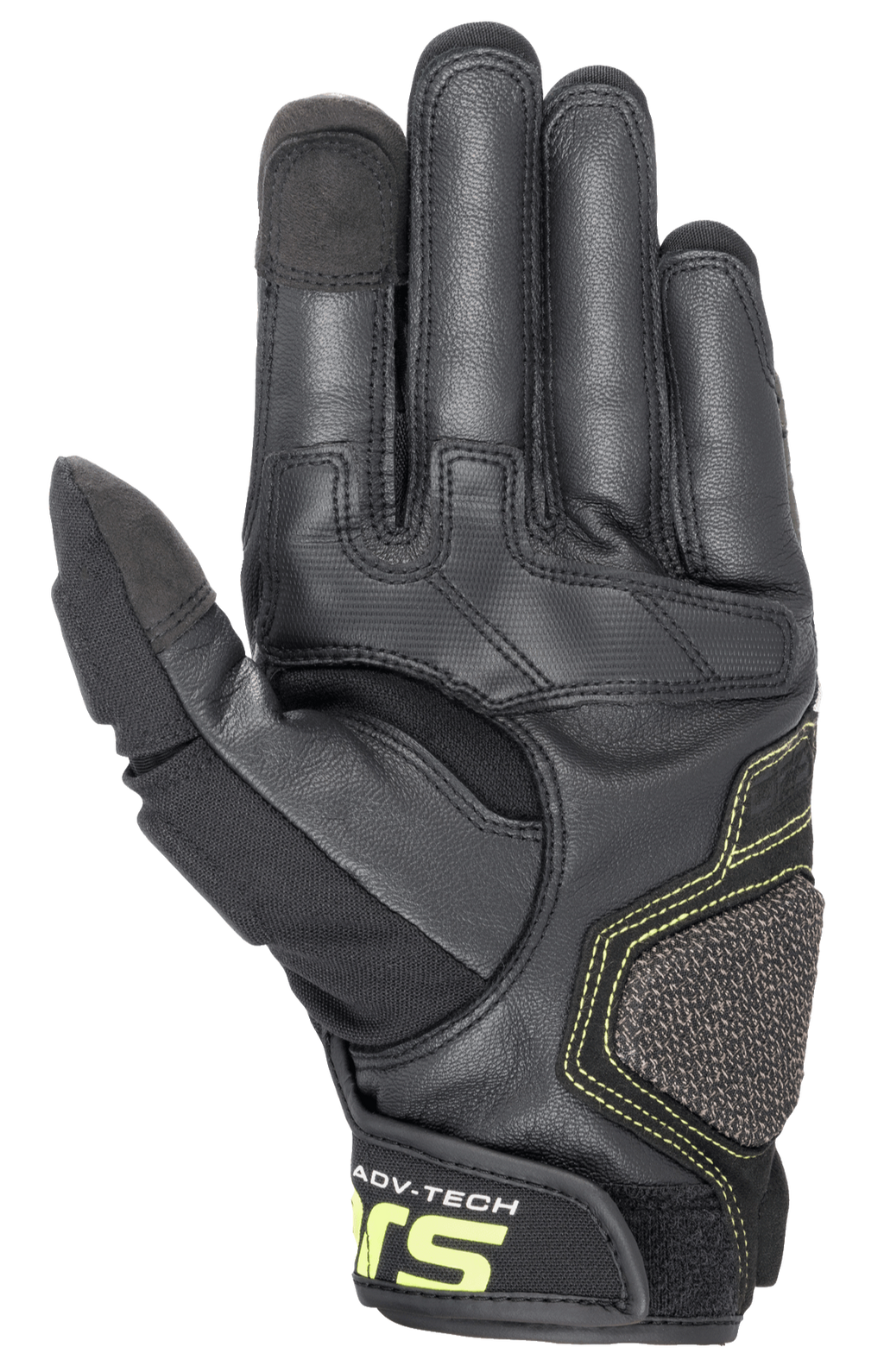 Alpinestars Halo læderhandsker, adventure motorcykelhandsker, Forest Black og Yellow Fluo, visning fra håndfladen der viser forstærket læderkonstruktion, fluorescerende gule syninger og touchscreen-kompatibel pegefinger og tommelfinger.