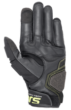 Alpinestars Halo læderhandsker, adventure motorcykelhandsker, Forest Black og Yellow Fluo, visning fra håndfladen der viser forstærket læderkonstruktion, fluorescerende gule syninger og touchscreen-kompatibel pegefinger og tommelfinger.