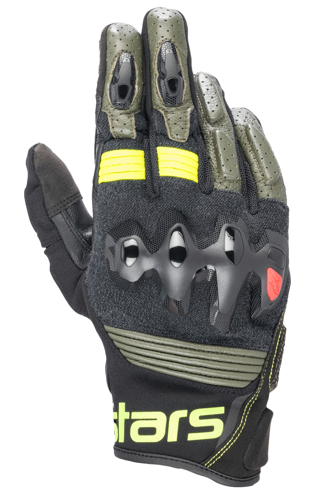 Alpinestars Halo læderhandsker, motorcykelhandsker, Forest Black og Yellow Fluo, olivengrøn og sort med neongule detaljer, over-injiceret knobeskyttelse, perforeret læderkonstruktion, adventure touring-stil
