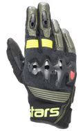 Alpinestars Halo læderhandsker, motorcykelhandsker, Forest Black og Yellow Fluo, olivengrøn og sort med neongule detaljer, over-injiceret knobeskyttelse, perforeret læderkonstruktion, adventure touring-stil