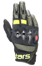 Alpinestars Halo læderhandsker, motorcykelhandsker, Forest Black og Yellow Fluo, olivengrøn og sort med neongule detaljer, over-injiceret knobeskyttelse, perforeret læderkonstruktion, adventure touring-stil