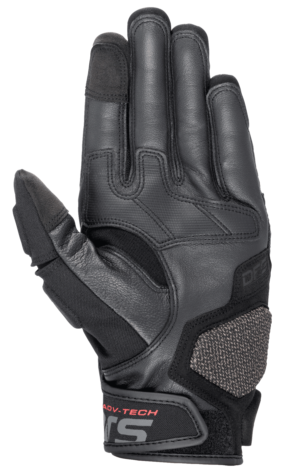 Alpinestars Halo Leather Gloves, Adventure Touring Motorcycle Gloves, Dark Blue and Black, palm side view featuring premium goat leather, rubberized grip zones, ARshield protection pad, and red ADV-TECH lettering on the wrist closure.