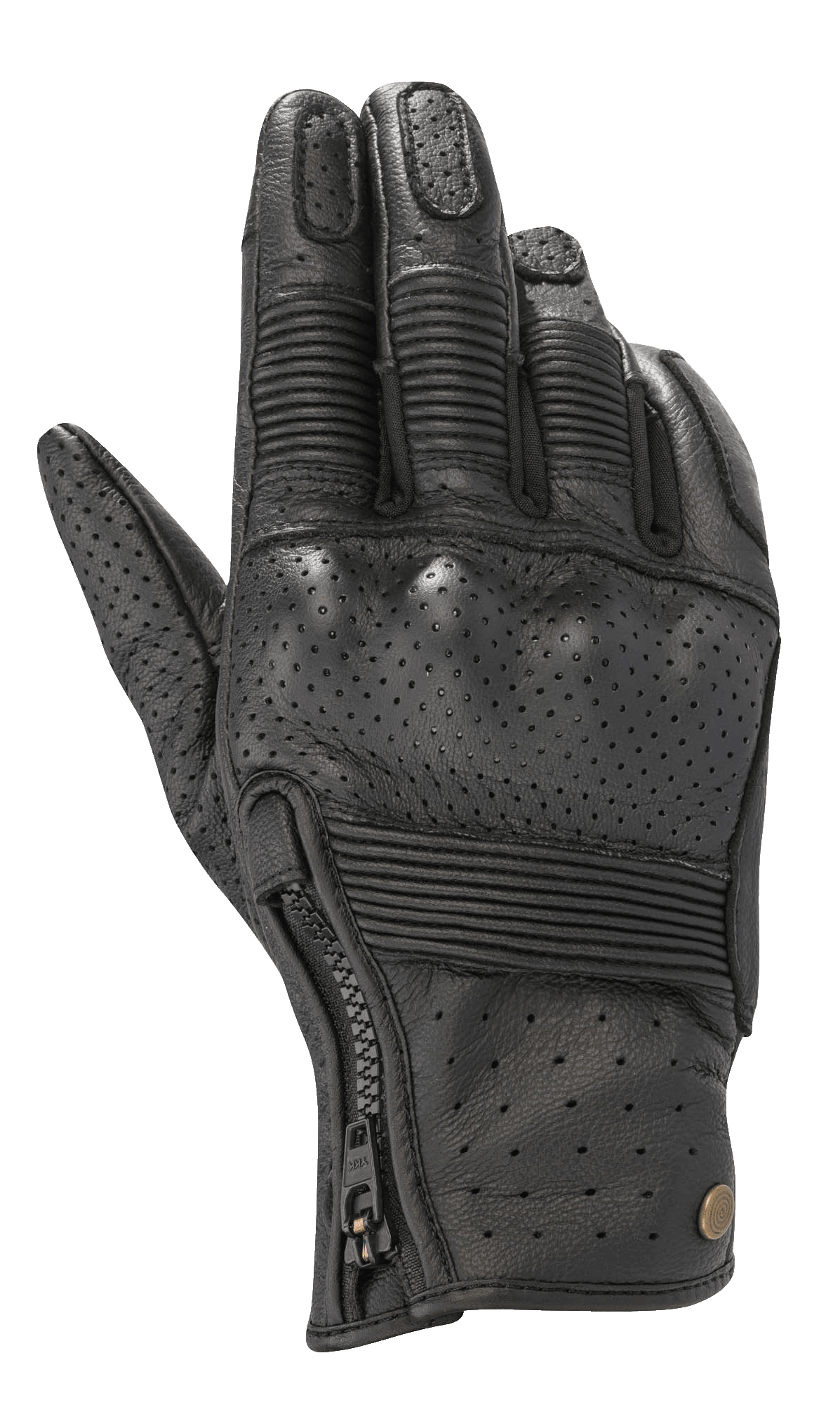 Alpinestars Rayburn V2 Leather Gloves, Black, urban motorcycle gloves with perforated leather construction, ribbed accordion inserts on fingers and backhand, side zipper closure, and heritage-inspired styling.