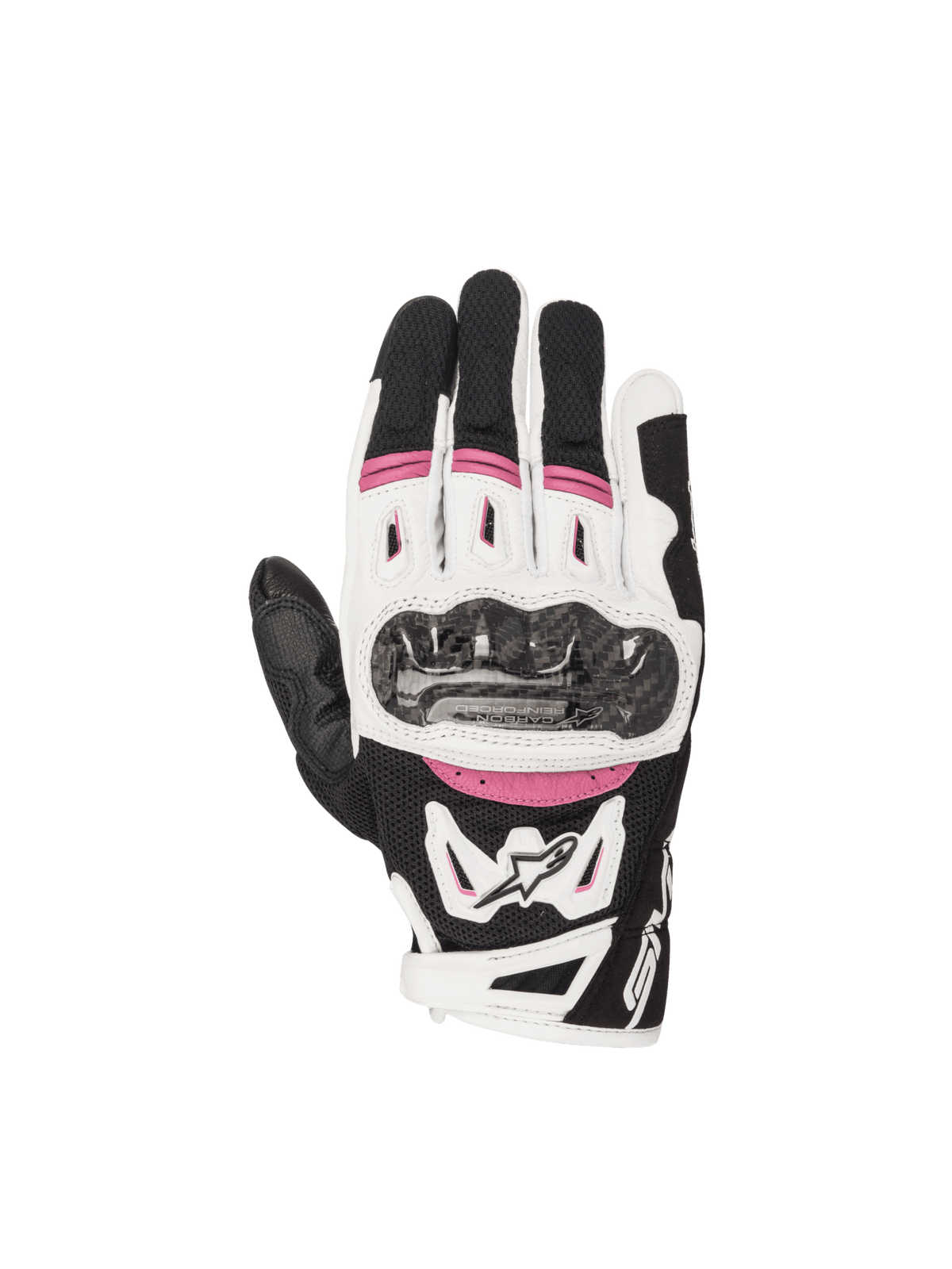 Alpinestars Stella SMX-2 Air Carbon V2 dame-motorcykelhandsker i sort, hvid og fuchsia med kulfiberknobeskyttelse og 3D-mesh.