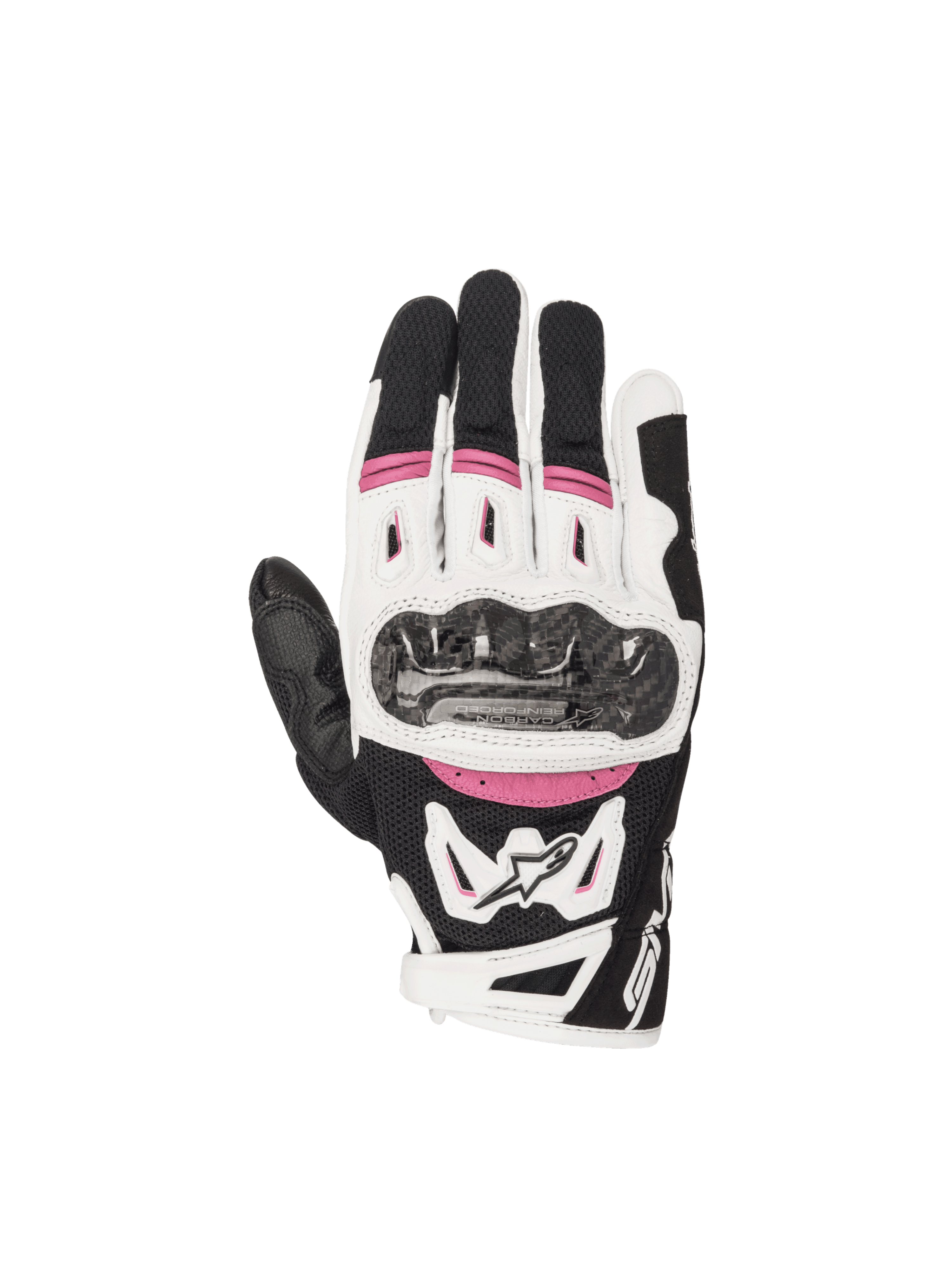 Alpinestars Stella SMX-2 Air Carbon V2 dame-motorcykelhandsker i sort, hvid og fuchsia med kulfiberknobeskyttelse og 3D-mesh.