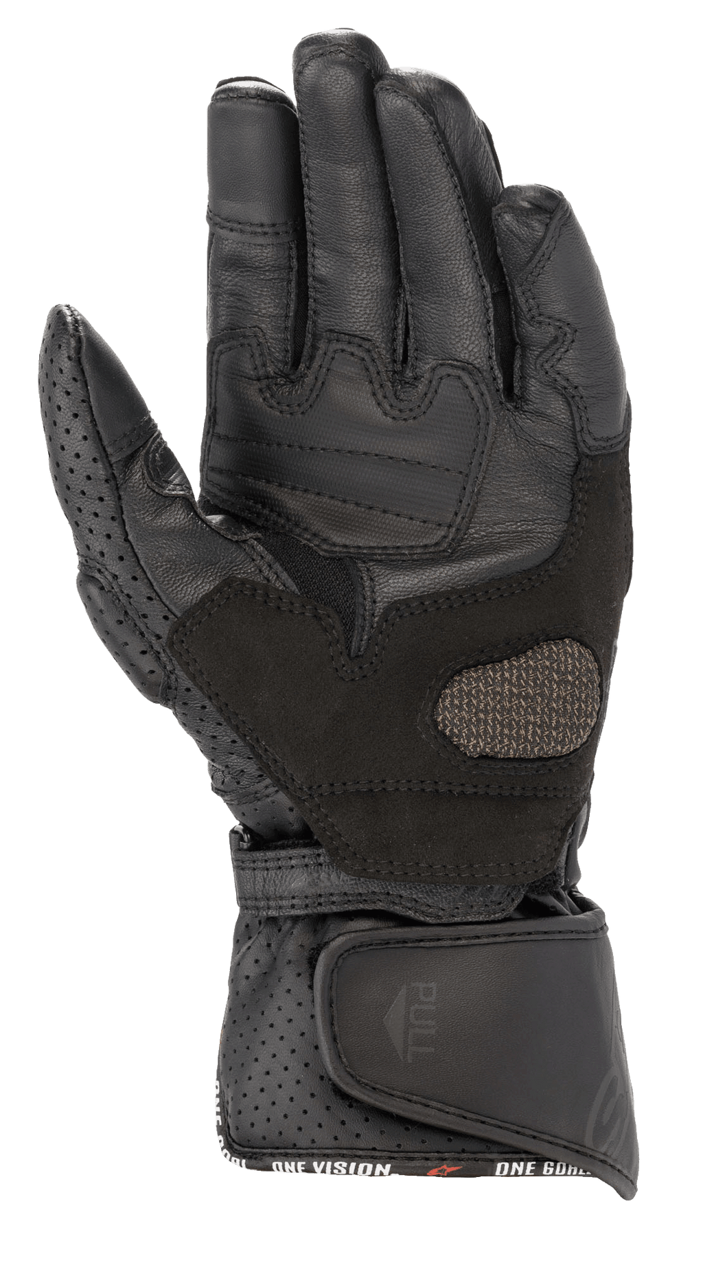 Alpinestars Stella SP-8 V3 handsker til kvinder, motorcykelhandsker, sort, håndfladevisning med forstærkede læderpaneler og perforerede detaljer, bred justerbar lukning ved håndleddet med trækstrop, højtydende beskyttelsesudstyr til kvinder