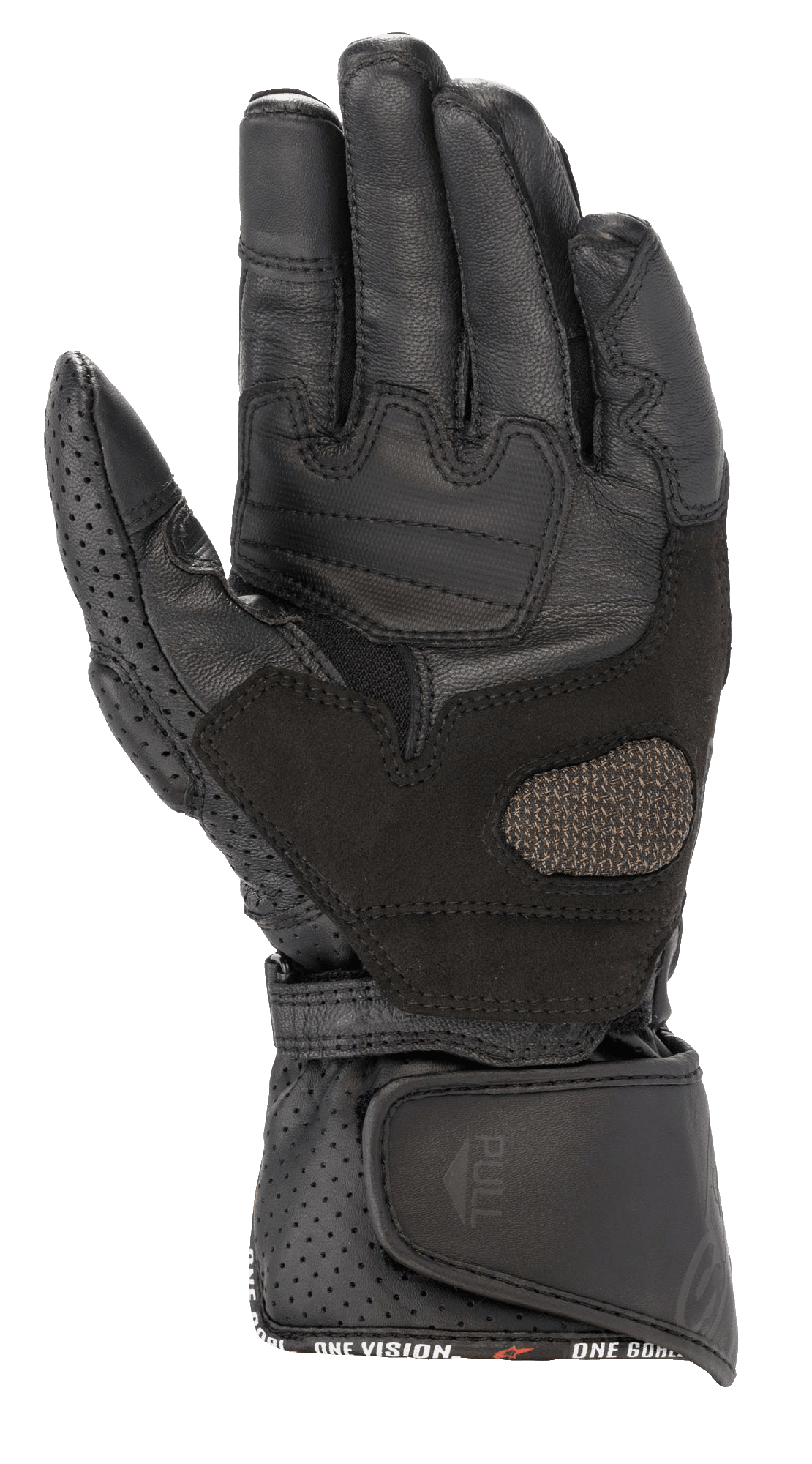Alpinestars Stella SP-8 V3 handsker til kvinder, motorcykelhandsker, sort, håndfladevisning med forstærkede læderpaneler og perforerede detaljer, bred justerbar lukning ved håndleddet med trækstrop, højtydende beskyttelsesudstyr til kvinder