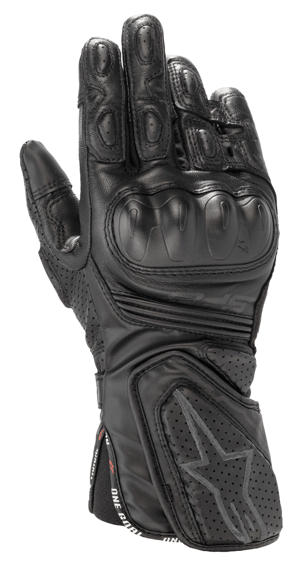 Alpinestars Stella SP-8 V3 handsker, dame motorcykel racing handsker, sort, førsteklasses læderkonstruktion, hård knobeskyttelse, perforeret ventilation, polstrede fingre og håndled, stjerne-logo, One Goal One Vision-rem
