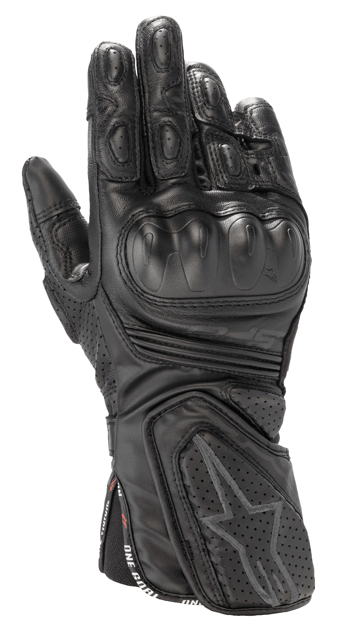 Alpinestars Stella SP-8 V3 handsker, dame motorcykel racing handsker, sort, førsteklasses læderkonstruktion, hård knobeskyttelse, perforeret ventilation, polstrede fingre og håndled, stjerne-logo, One Goal One Vision-rem