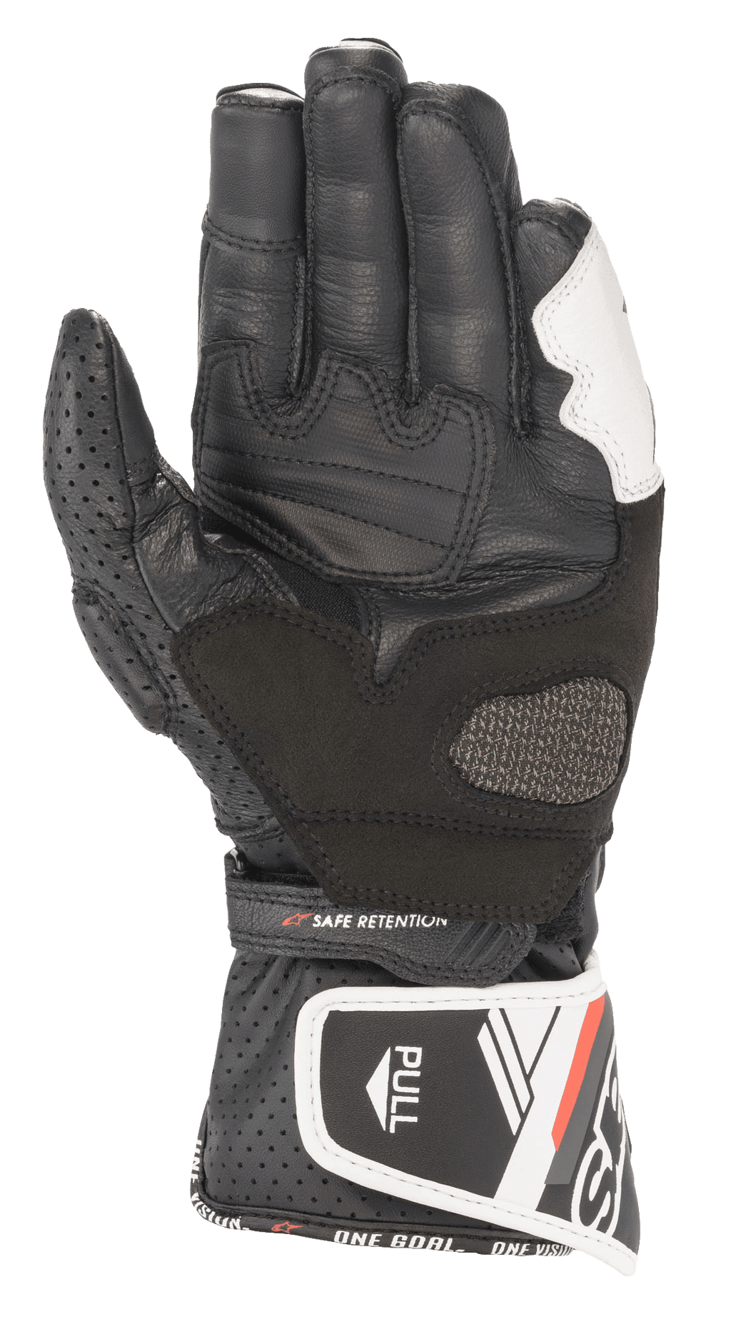 Alpinestars Stella SP-8 V3 handsker til kvinder, motorcykelhandsker i læder, sort og hvid, håndfladevisning med perforeret lædertommelfinger, forstærkede gribepaneler, justerbar håndledsrem med 'SAFE RETENTION'-tekst og lang manchet med 'PULL'-strop og brand-skrift.