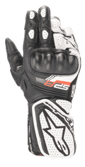 Alpinestars Stella SP-8 V3 handsker til kvinder, motorcykel racinghandsker, sort og hvid, med støbt hård knobeskyttelse, perforerede læderpaneler for åndbarhed, forlænget manchet med stort stjernelogo og rød SP-8 grafik