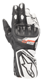 Alpinestars Stella SP-8 V3 handsker til kvinder, motorcykel racinghandsker, sort og hvid, med støbt hård knobeskyttelse, perforerede læderpaneler for åndbarhed, forlænget manchet med stort stjernelogo og rød SP-8 grafik