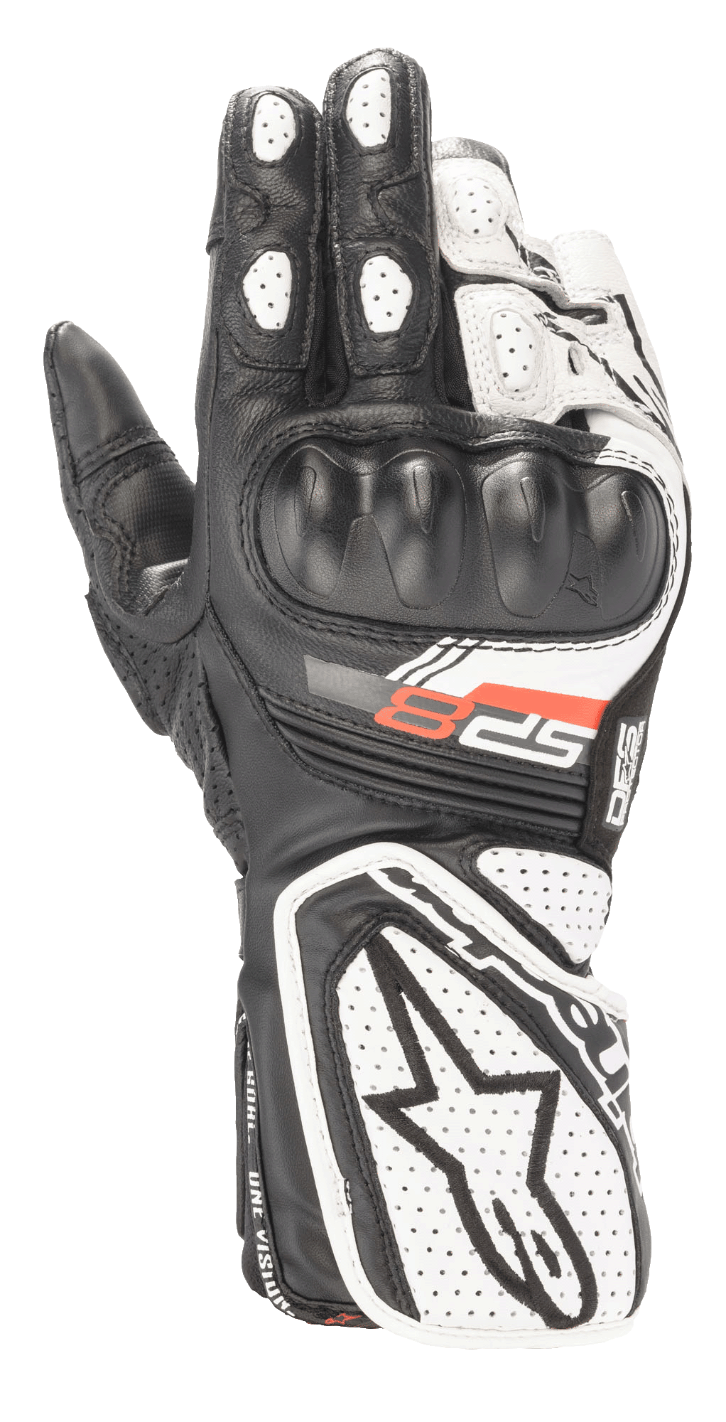 Alpinestars Stella SP-8 V3 handsker til kvinder, motorcykel racinghandsker, sort og hvid, med støbt hård knobeskyttelse, perforerede læderpaneler for åndbarhed, forlænget manchet med stort stjernelogo og rød SP-8 grafik