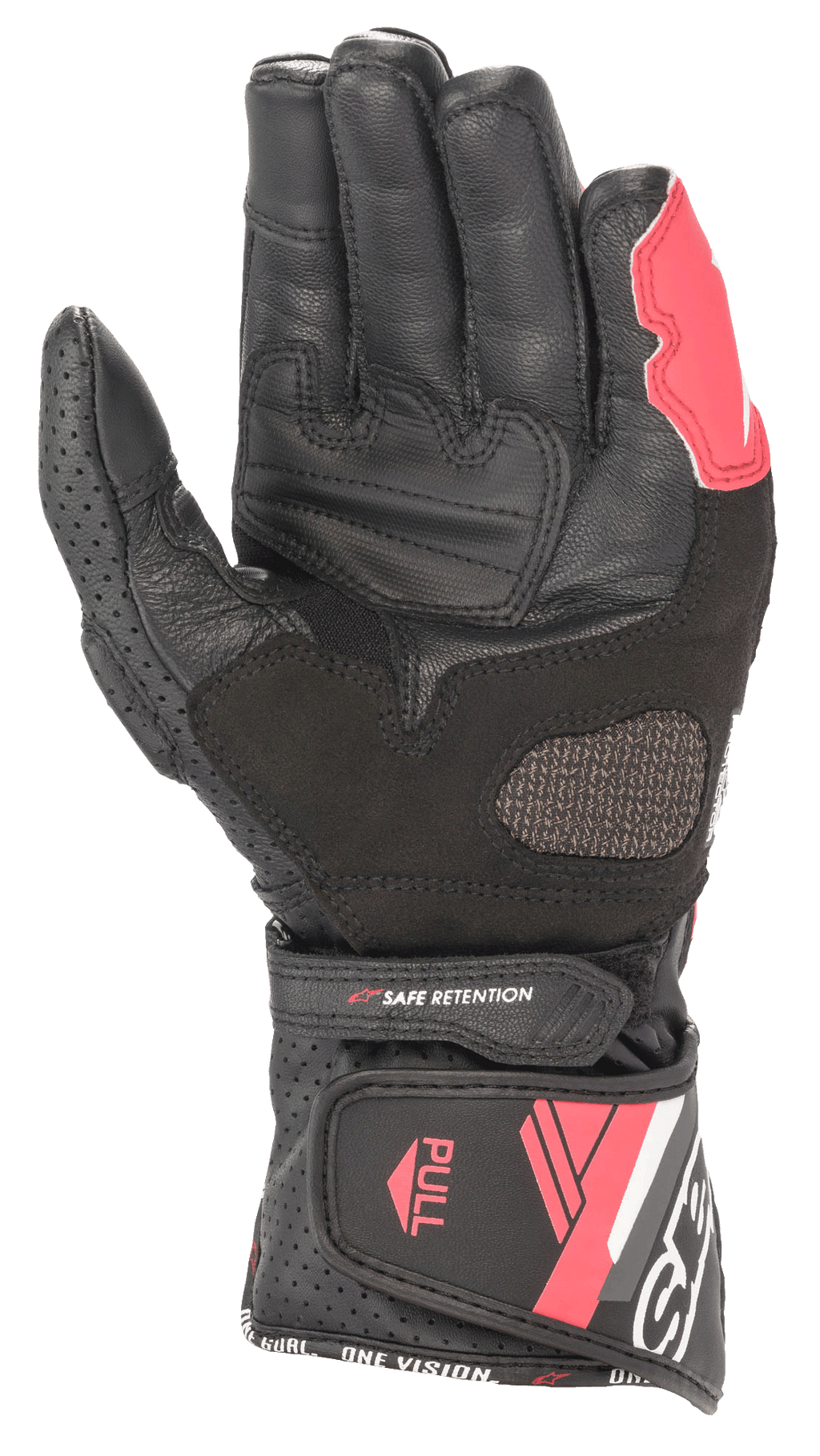 Alpinestars Stella SP-8 V3 læderhandsker til damer, sort, hvid og Diva Pink, håndfladevisning med læderkonstruktion, forstærkede grebsområder, perforerede paneler og justerbar manchetlukning