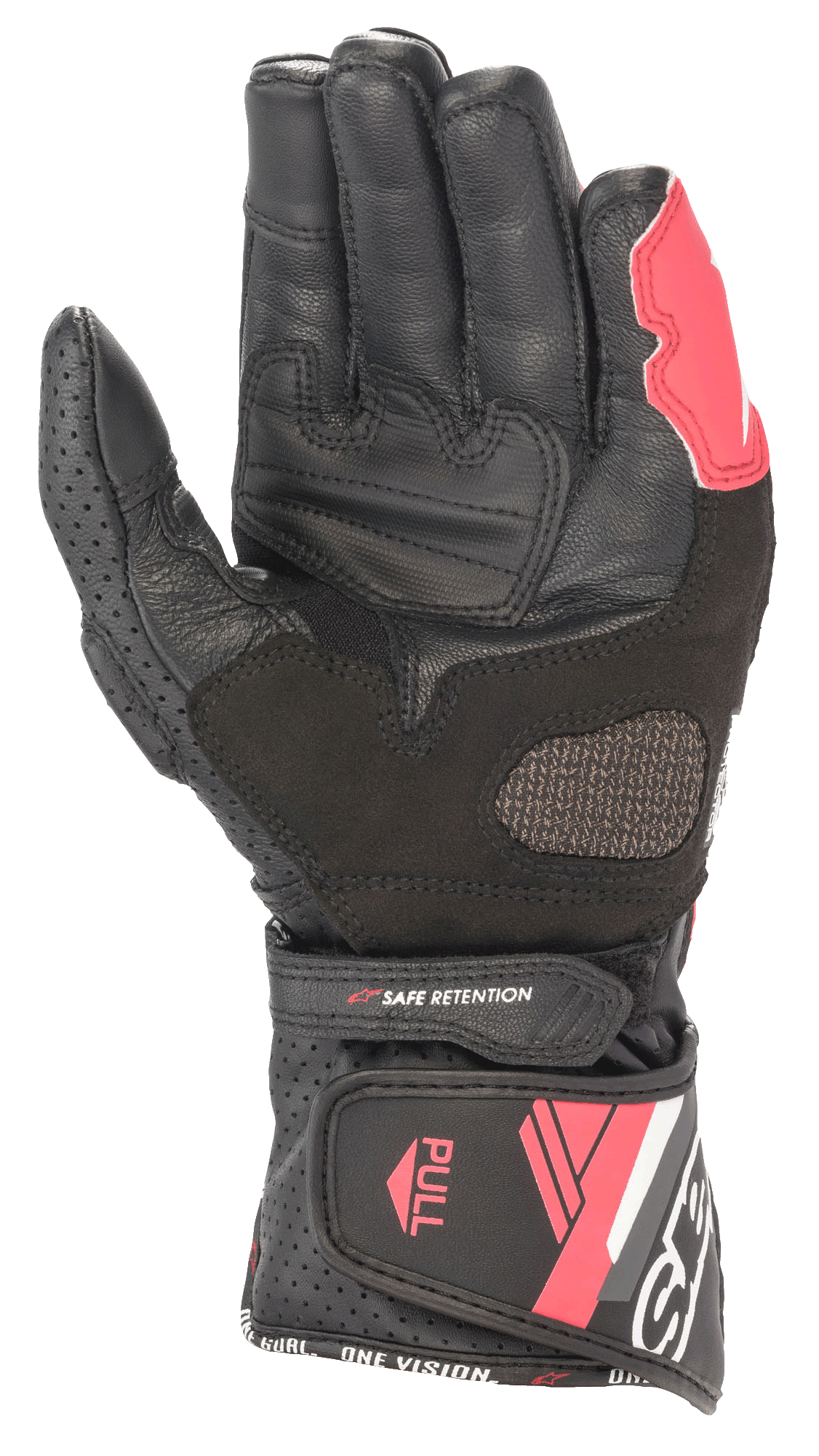 Alpinestars Stella SP-8 V3 læderhandsker til damer, sort, hvid og Diva Pink, håndfladevisning med læderkonstruktion, forstærkede grebsområder, perforerede paneler og justerbar manchetlukning