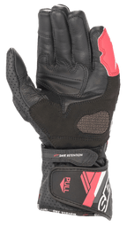 Alpinestars Stella SP-8 V3 læderhandsker til damer, sort, hvid og Diva Pink, håndfladevisning med læderkonstruktion, forstærkede grebsområder, perforerede paneler og justerbar manchetlukning