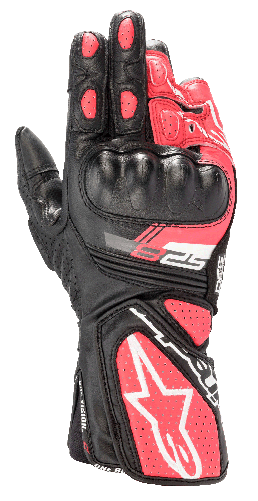 Alpinestars Stella SP-8 V3 handsker til damer, motorcykelsportshandsker, sort, hvid og Diva Pink, med støbt hård knobeskyttelse, perforerede pink læderpaneler, lang manchet med stort hvidt stjernelogo og SP-8 branding
