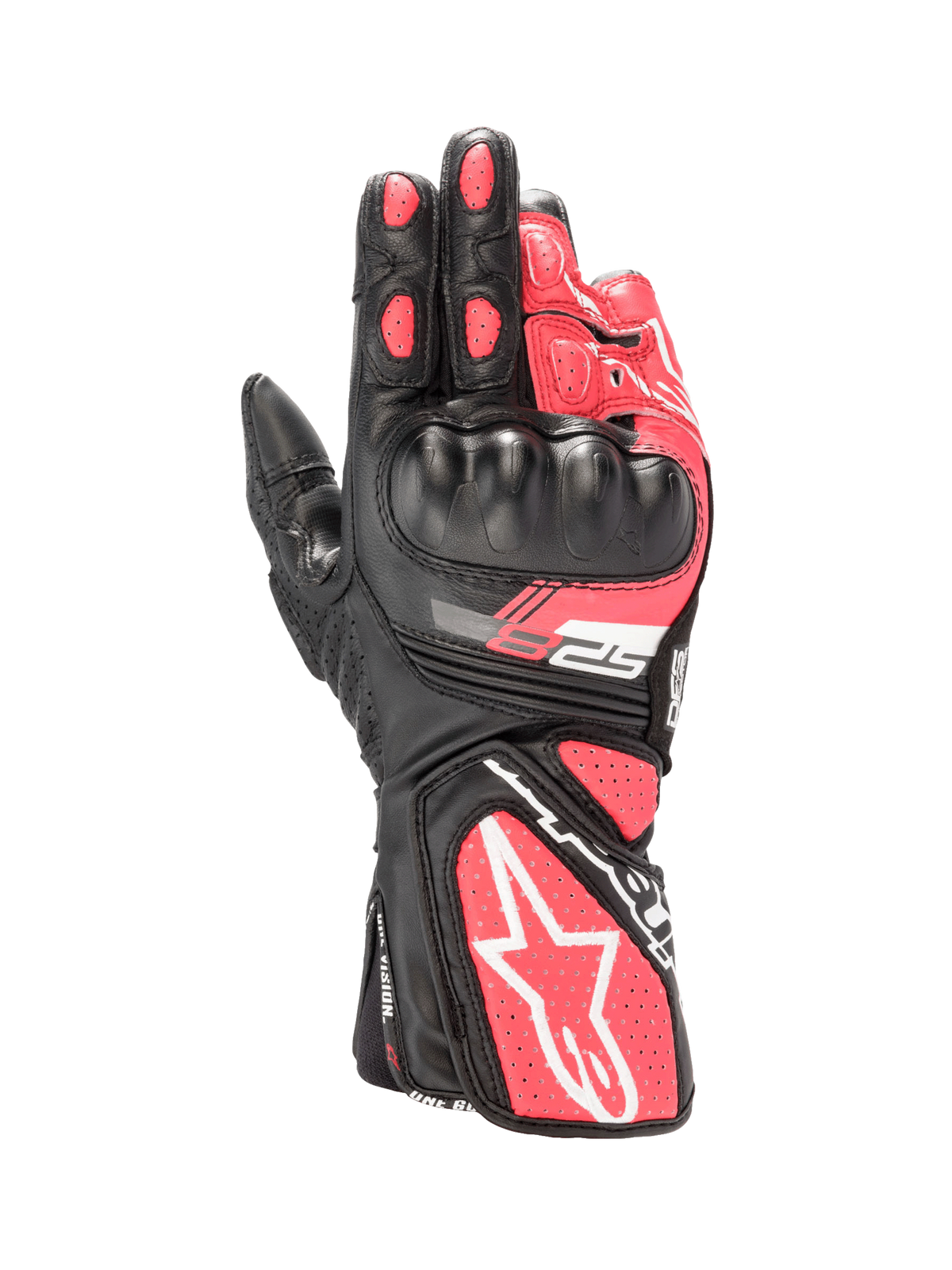 Alpinestars Stella SP-8 V3 Women's Motorcycle Gloves, Black and Diva Pink leather with hard knuckle protection and white accents.
