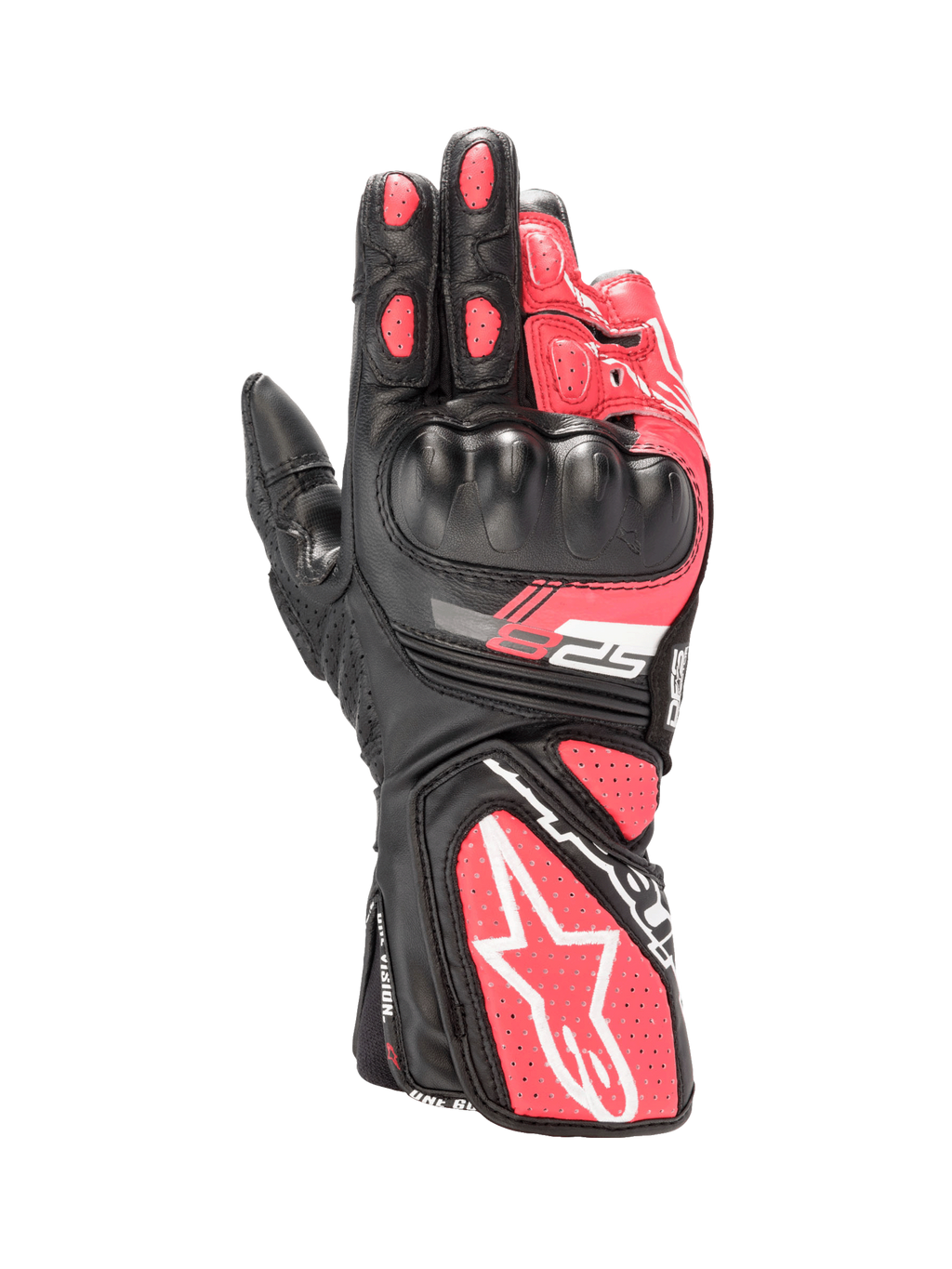Alpinestars Stella SP-8 V3 Women's Motorcycle Gloves, Black and Diva Pink leather with hard knuckle protection and white accents.