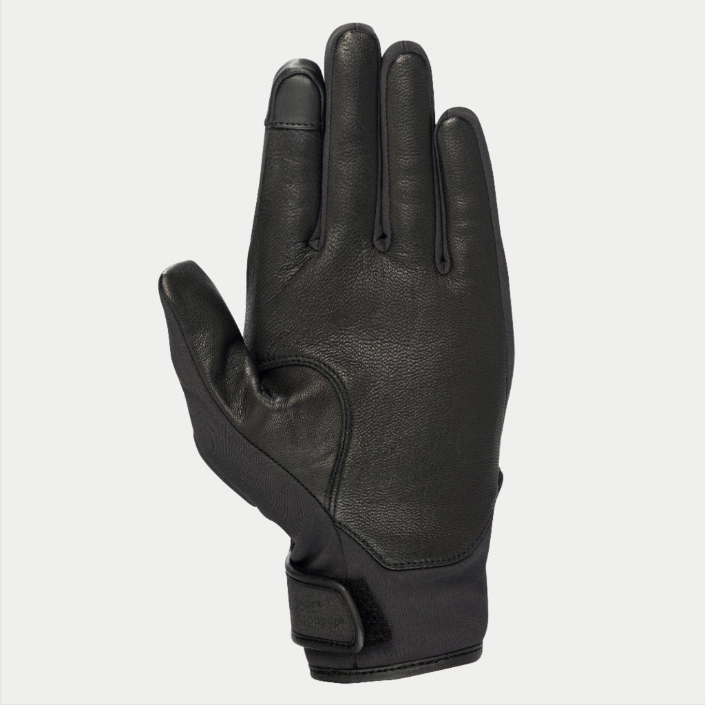 Alpinestars Stella C1 Windstopper V2 handsker til damer, sort, set fra håndfladen med forstærkninger i fuldnarvet læder og touchscreen-kompatibel pegefingerspids, manchetlukning med krog og løkke, strømlinet design til bykørsel