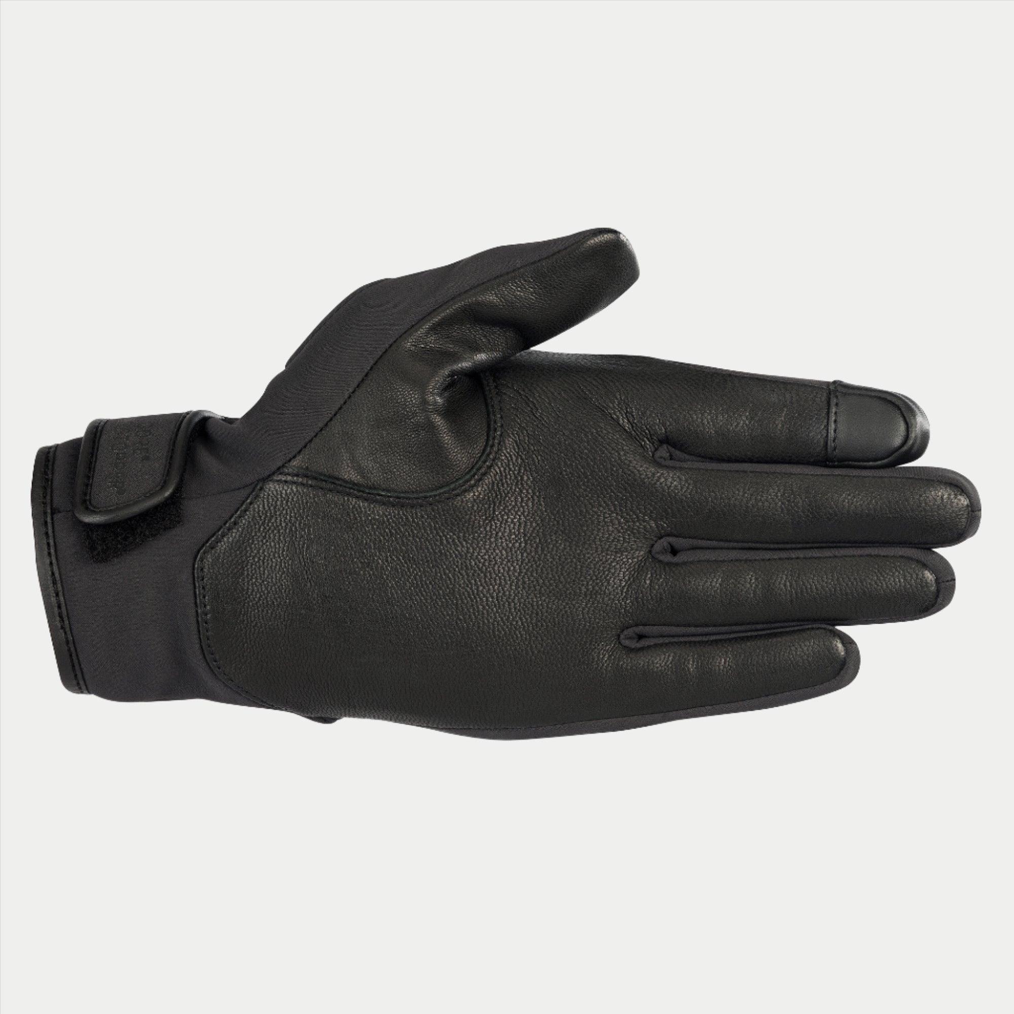 Alpinestars C1 Windstopper V2 handsker, sort, håndfladevisning med forstærkninger i fuldnarvet læder på håndflade og tommelfinger, touchscreen-kompatibel pegefingerspids, kort manchet med krog og løkke-lukning, motorcykelhandske til bykørsel og pendling