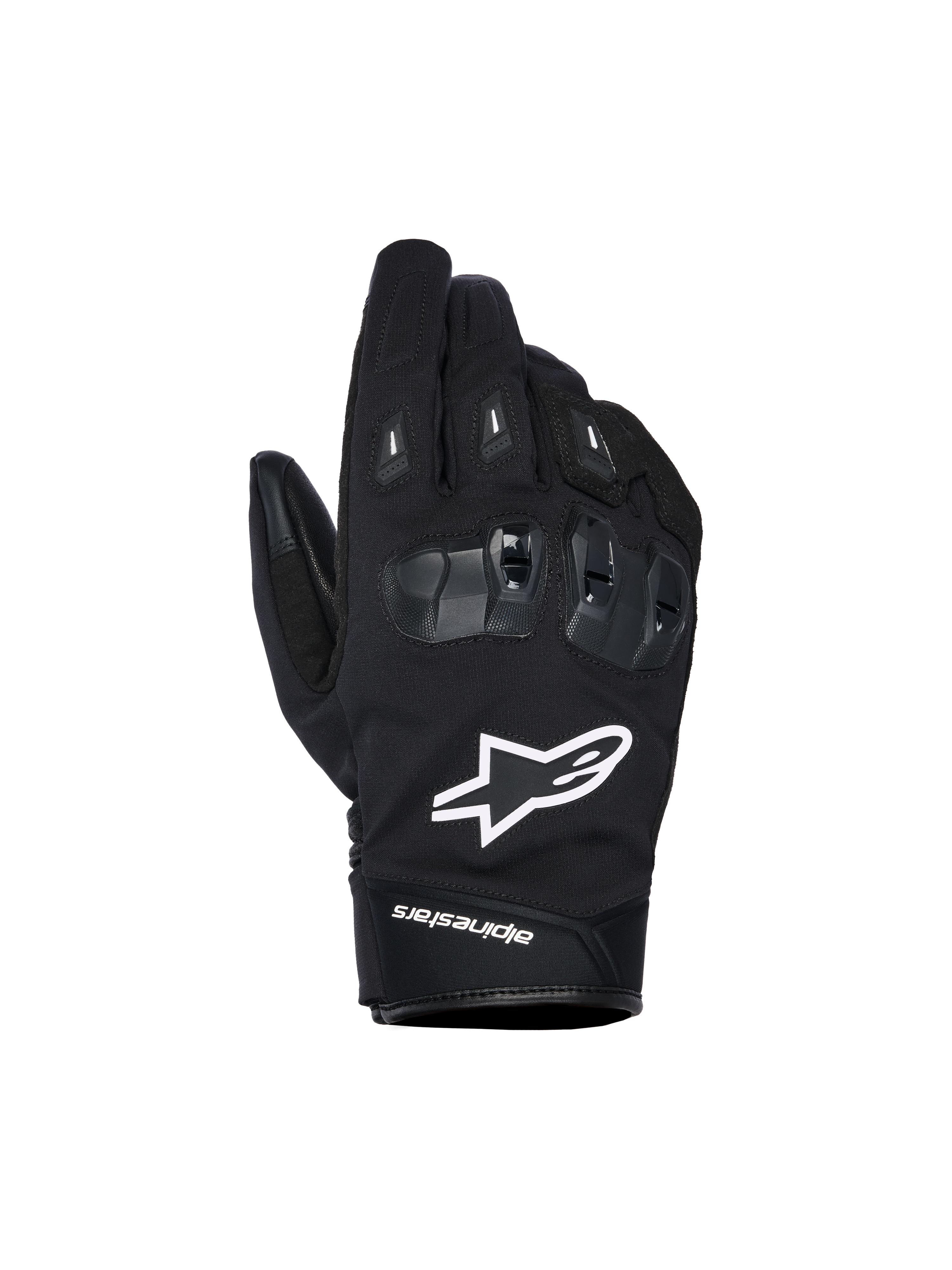 Alpinestars SP X Z vandtætte handsker, sorte motorcykelhandsker med hvidt stjernelogo, tekstureret SP X TPU-knobeskyttelse med blanke sorte segmenter, elegant gadedesign med forstærkede syninger, vandtæt konstruktion til kørsel i al slags vejr