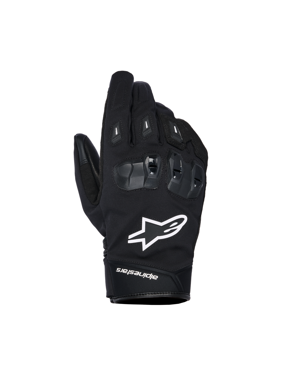 Alpinestars SP X Z vandtætte handsker, sorte motorcykelhandsker med hvidt stjernelogo, tekstureret SP X TPU-knobeskyttelse med blanke sorte segmenter, elegant gadedesign med forstærkede syninger, vandtæt konstruktion til kørsel i al slags vejr