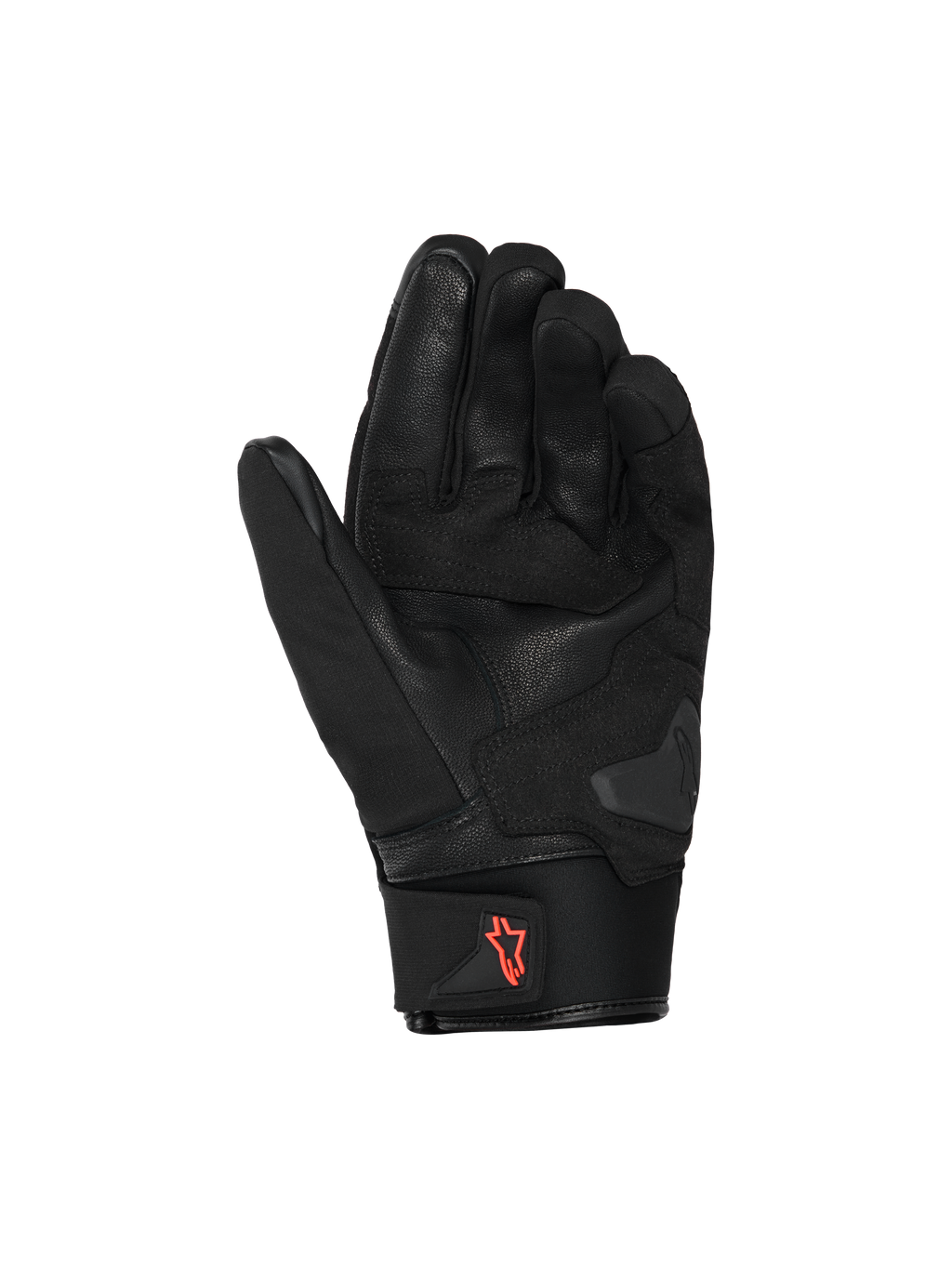 Alpinestars SP X Z vandtætte handsker, motorcykelhandsker, sort med rød fluo-logo, håndfladevisning der viser læderkonstruktion og forstærkede grebområder, neoprenmanchet med trækflig, højtydende street-køreudstyr