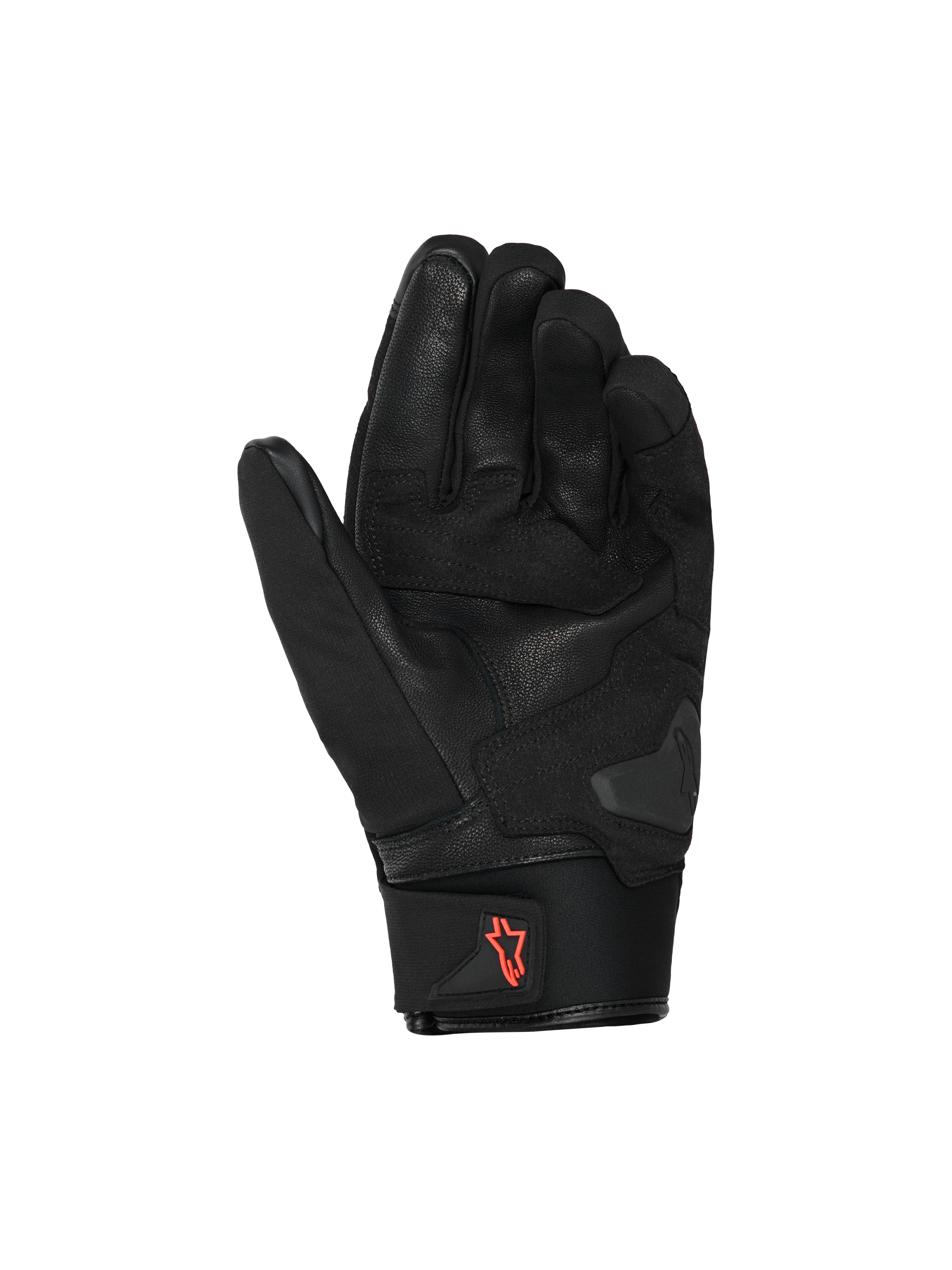 Alpinestars SP X Z vandtætte handsker, motorcykelhandsker, sort med rød fluo-logo, håndfladevisning der viser læderkonstruktion og forstærkede grebområder, neoprenmanchet med trækflig, højtydende street-køreudstyr