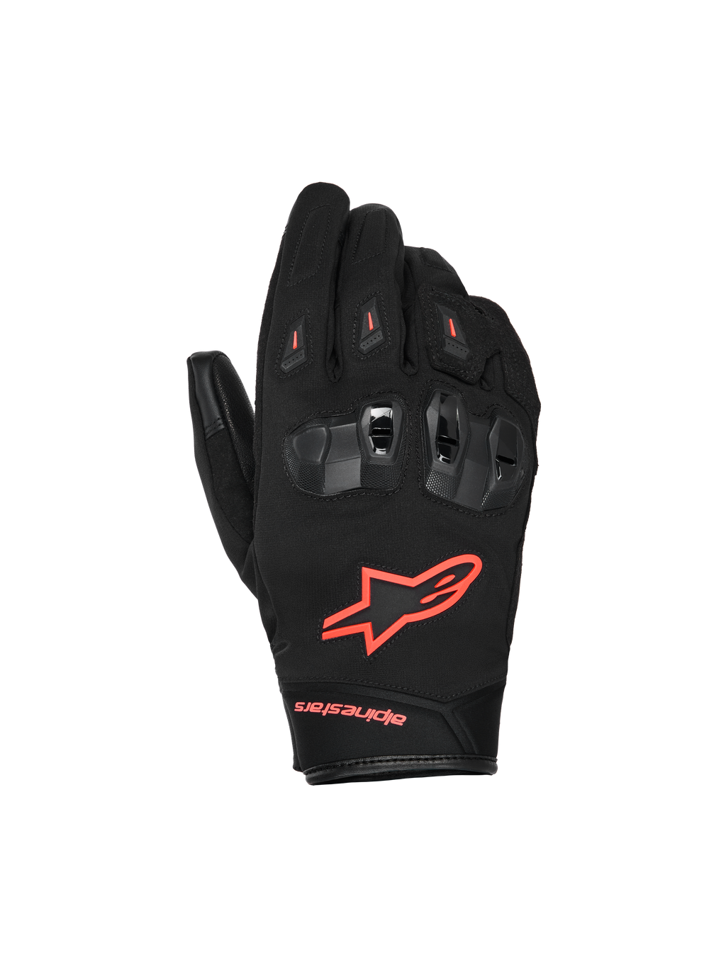 Alpinestars SP X Z Waterproof Gloves, motorcykelhandsker, sort og rød fluo, med opdelte TPU-knobeskyttere med ventilation, lyst rød fluo-logo på håndryggen og slidstærk tekstil- og læderkonstruktion til ydeevne i alt slags vejr.