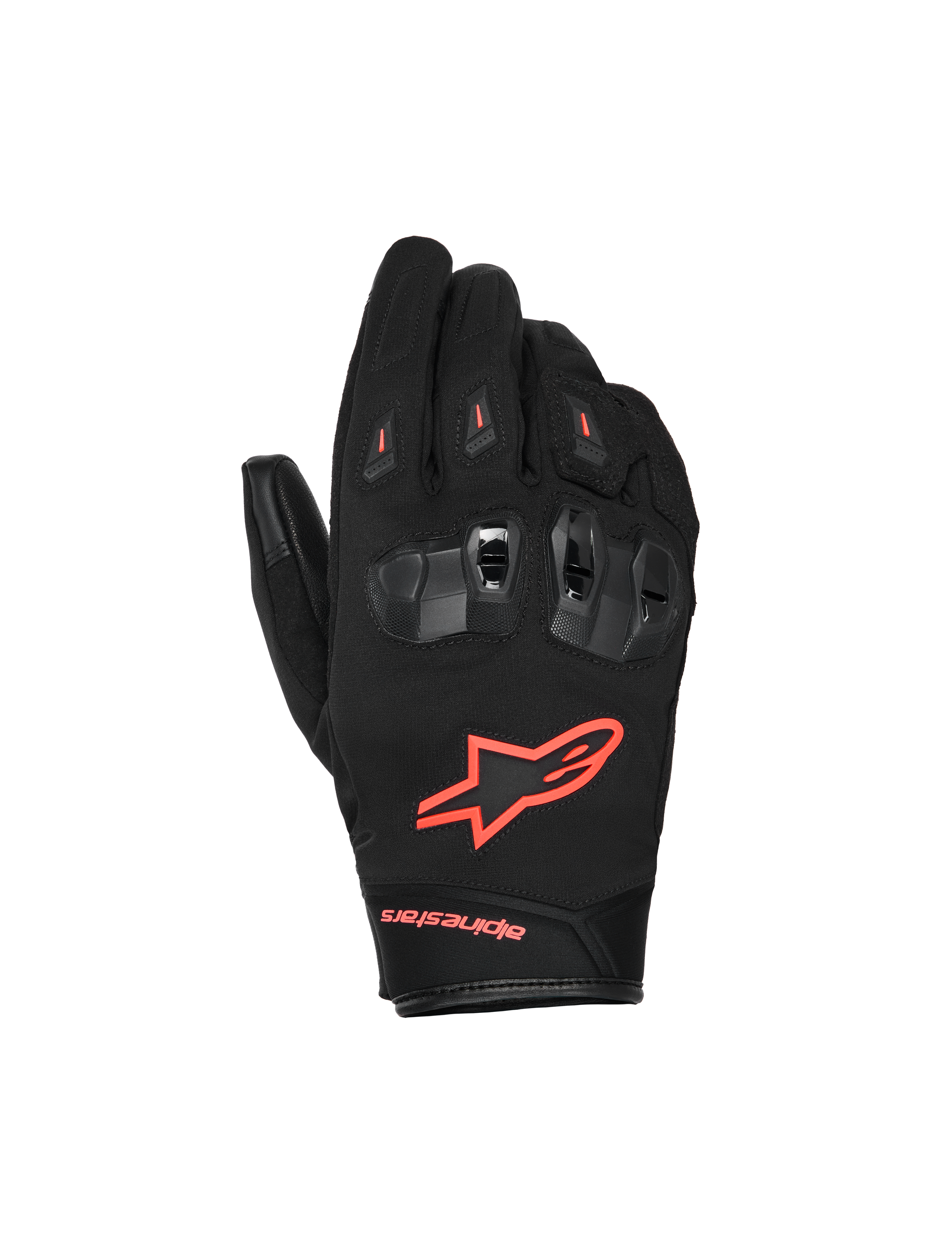 Alpinestars SP X Z Waterproof Gloves, motorcykelhandsker, sort og rød fluo, med opdelte TPU-knobeskyttere med ventilation, lyst rød fluo-logo på håndryggen og slidstærk tekstil- og læderkonstruktion til ydeevne i alt slags vejr.