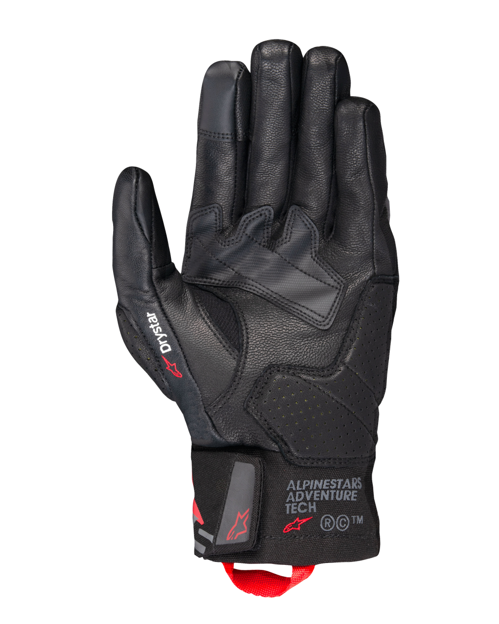 Alpinestars Belize V3 Drystar® handsker, sorte motorcykel touring-handsker, håndfladevisning med læderkonstruktion og perforerede forstærkninger, Drystar-branding på tommelfingeren, Adventure Tech-logo på manchetten og en rød trækstrop.