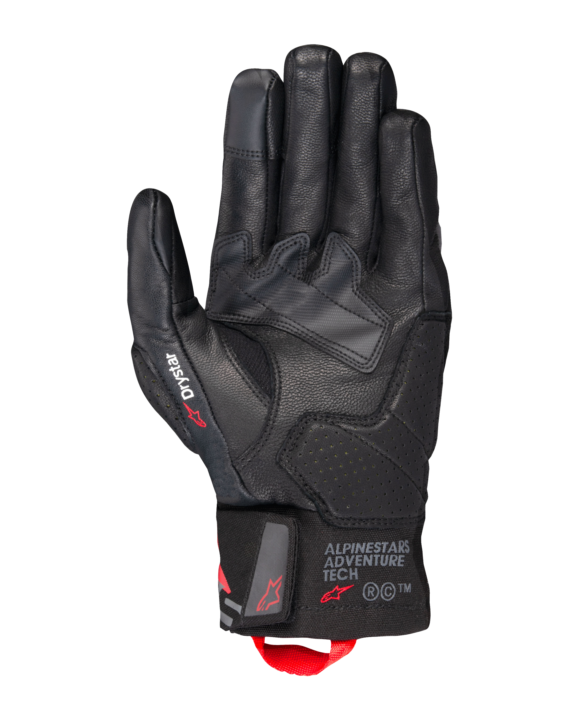 Alpinestars Belize V3 Drystar® handsker, sorte motorcykel touring-handsker, håndfladevisning med læderkonstruktion og perforerede forstærkninger, Drystar-branding på tommelfingeren, Adventure Tech-logo på manchetten og en rød trækstrop.
