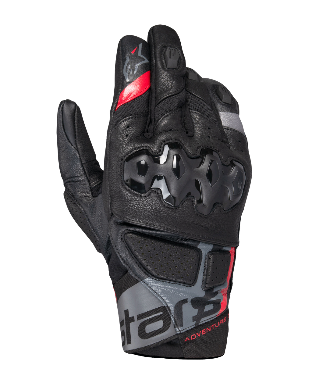 Alpinestars Belize V3 Drystar handsker, adventure-motorcykelhandsker med kort manchet, sort med røde og grå detaljer, hård knobeskyttelse med sekskantet mønster, perforerede læderpaneler og 'ADVENTURE' branding på håndleddet.