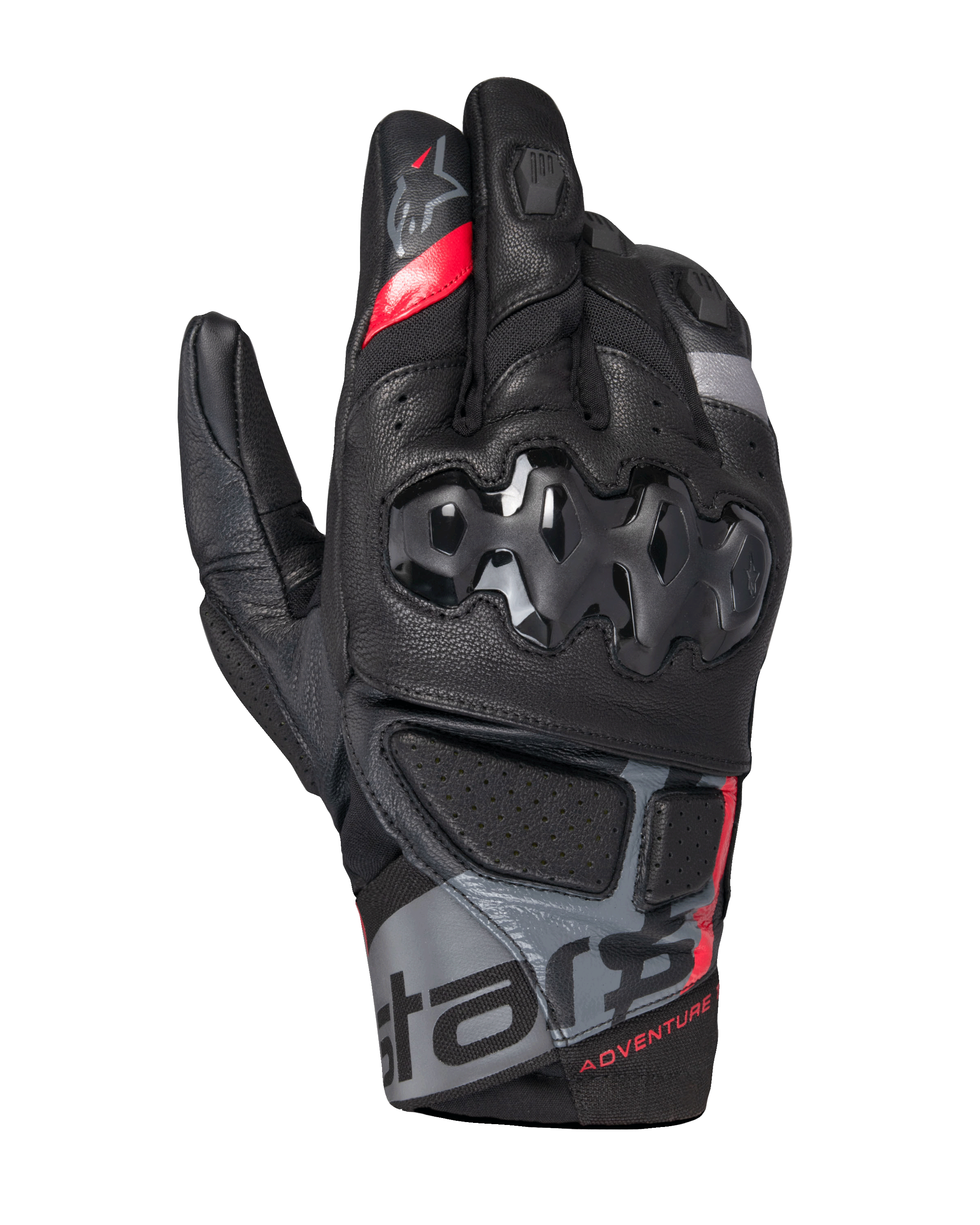 Alpinestars Belize V3 Drystar handsker, adventure-motorcykelhandsker med kort manchet, sort med røde og grå detaljer, hård knobeskyttelse med sekskantet mønster, perforerede læderpaneler og 'ADVENTURE' branding på håndleddet.