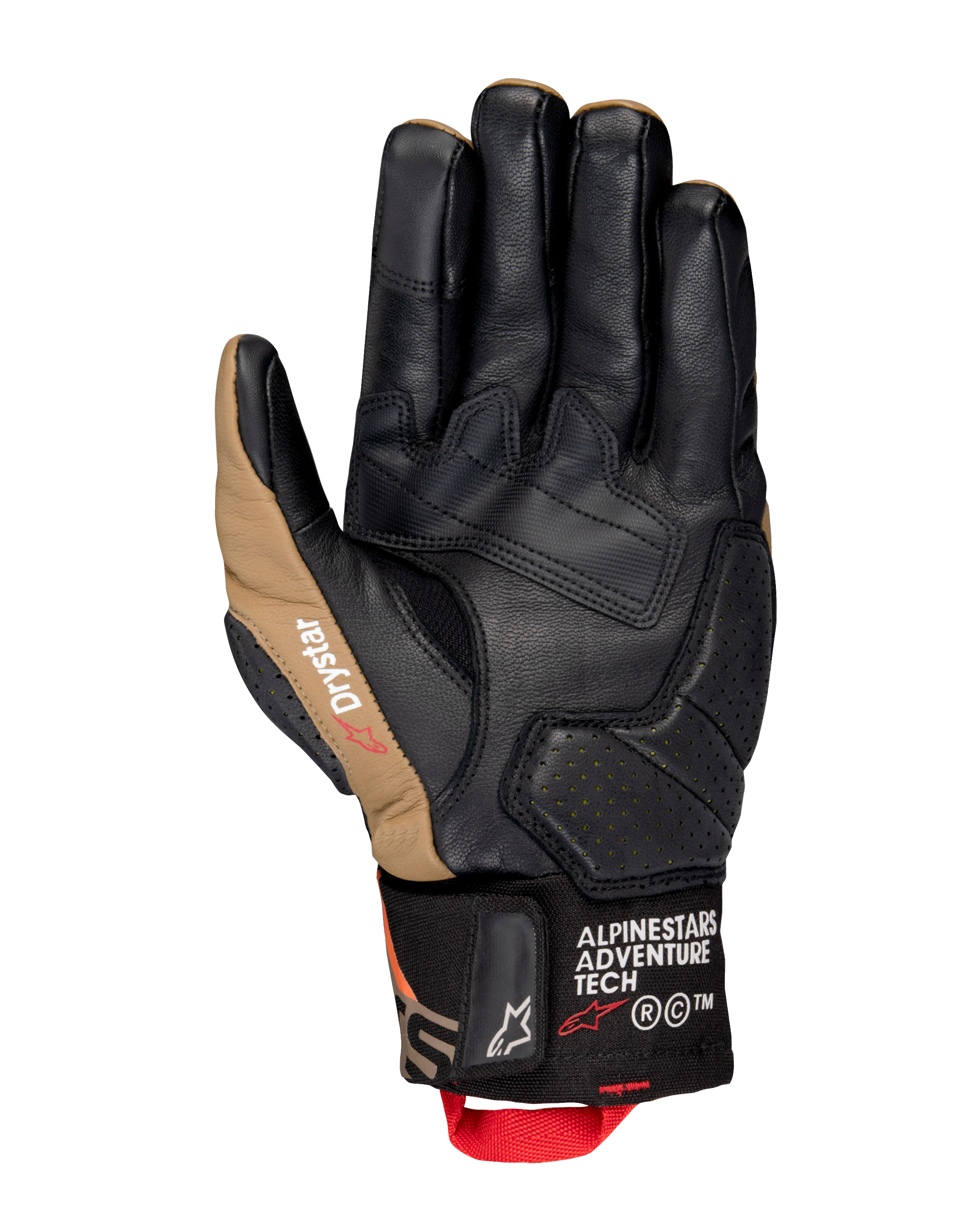 Alpinestars Belize V3 Drystar® handsker, håndfladevisning af en motorcykelhandske med kort manchet i sort og Gobi Brown, læderkonstruktion med forstærket håndflade, perforerede detaljer og rød trækstrop.