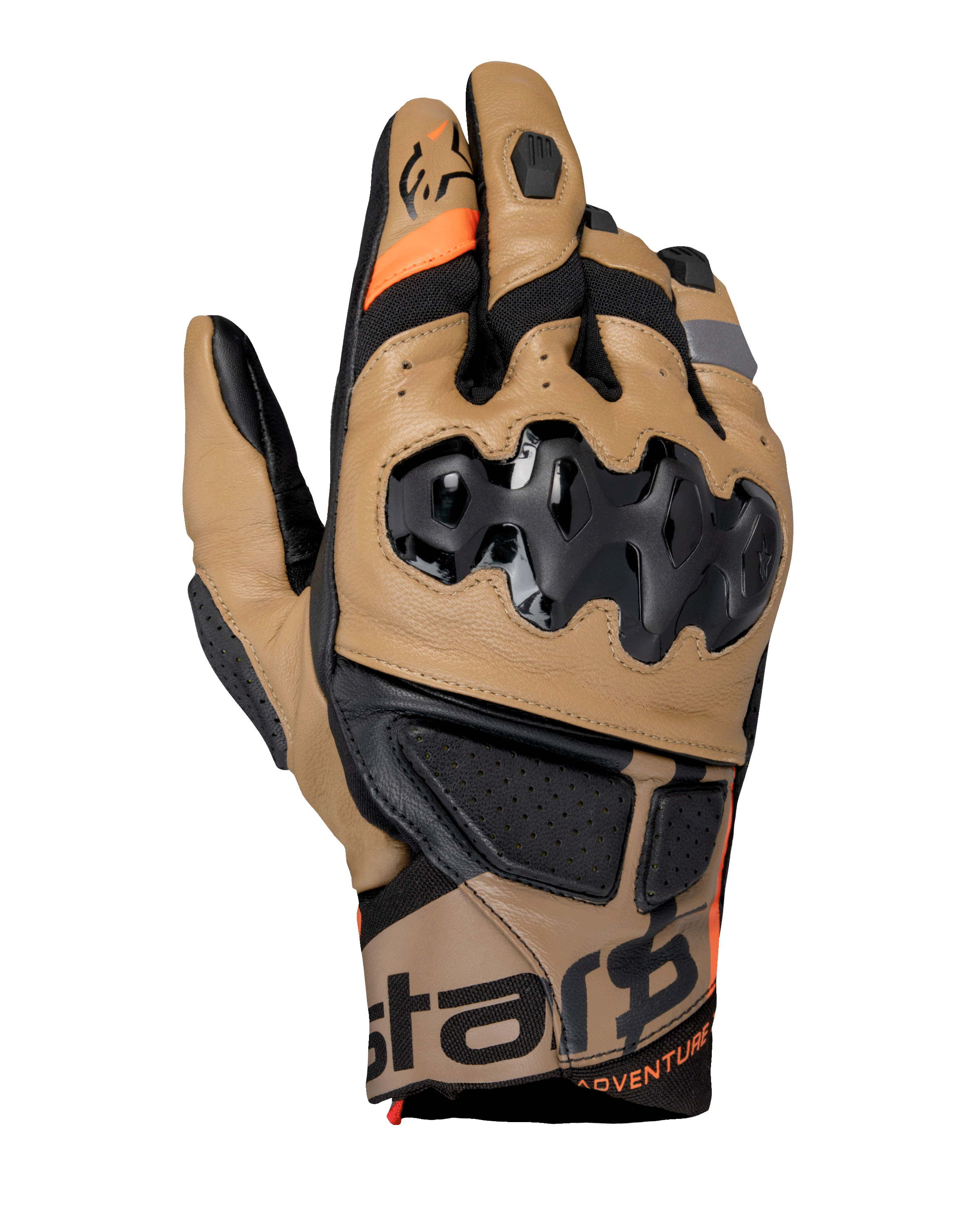 Alpinestars Belize V3 Drystar handsker, adventure-motorcykelhandsker, Gobi-brun og sort, med injiceret SP-knobeskyttelse, kort manchet-design, perforerede læderpaneler, orange detaljer og Alpinestars-branding på manchetten